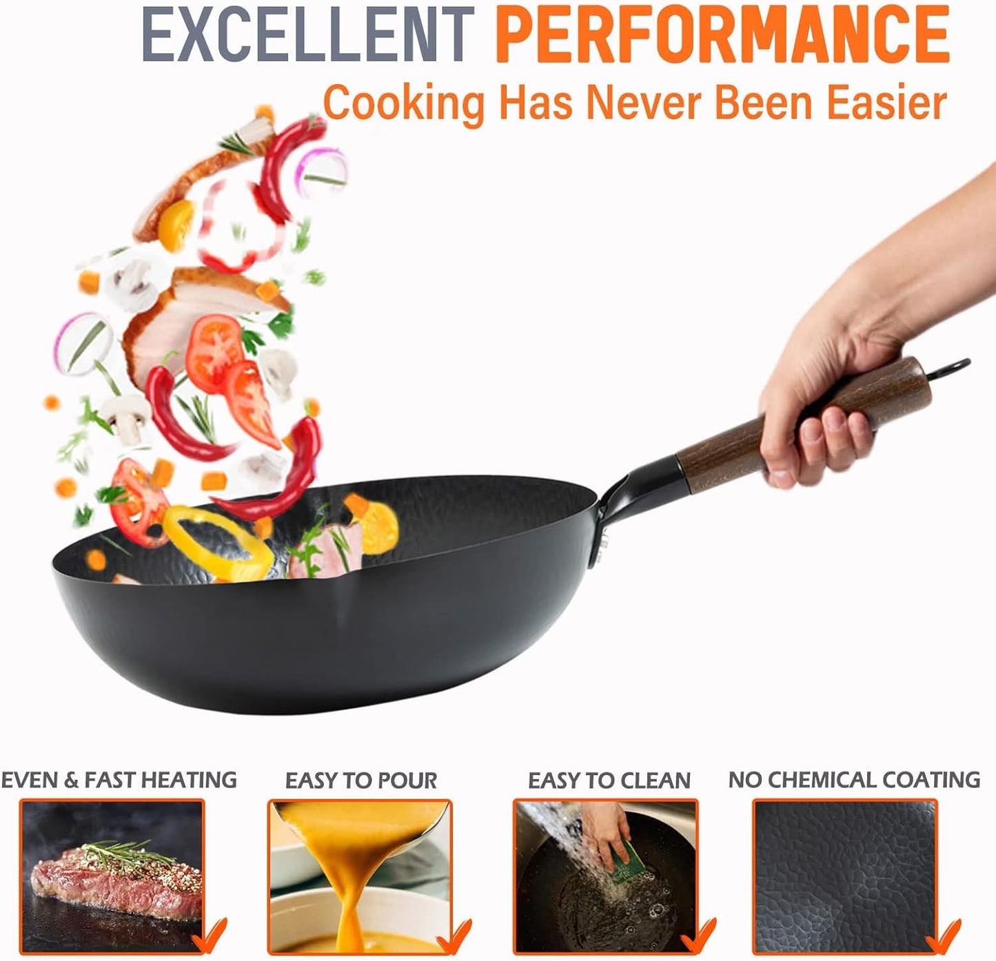 Wok Pan 12.5" Carbon Steel Wok Stir Fry Pan with Lid, Flat Bottom Chinese Wok Set with 6 Utensils Cookware Accessories for All Stoves