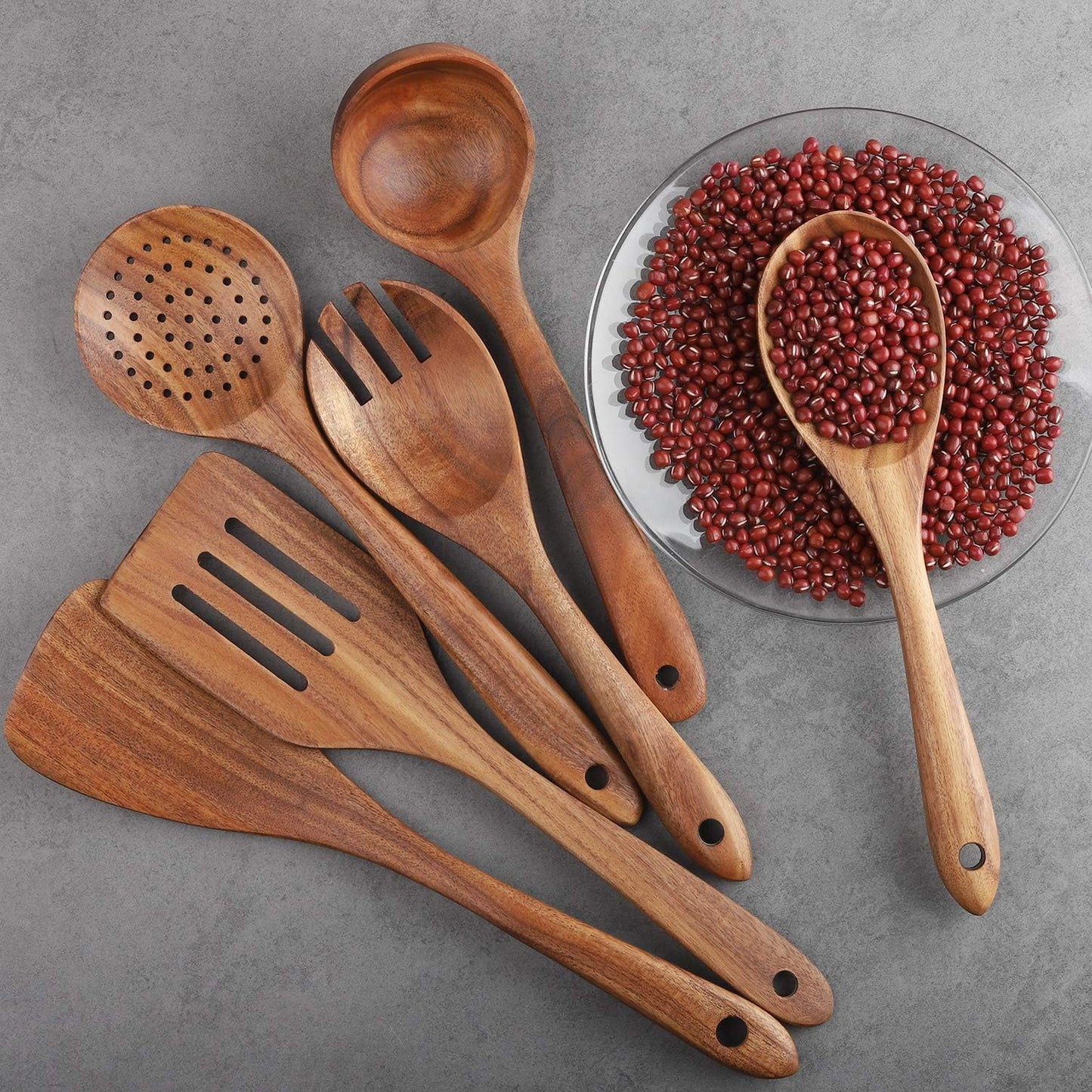 Wooden Cooking Utensils Set 6-Piece Wood Kitchen Utensil Set for Non Stick Cookware Wooden Spatula,Fork,Turner,Ladle,Strainer Spoons (6)