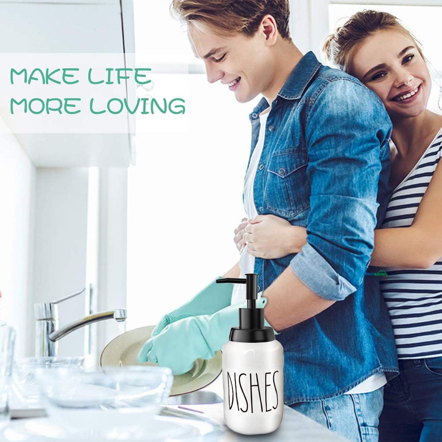 Soap Dispenser–Modern Farmhouse Style Ceramic Dishes Liquid Soap Dispenser–Perfect for Kitchen Counter Décor or Kitchen Sink-Bathroom Soap Dispenser–White Bottles with Black Pump and Lettering(14Oz)