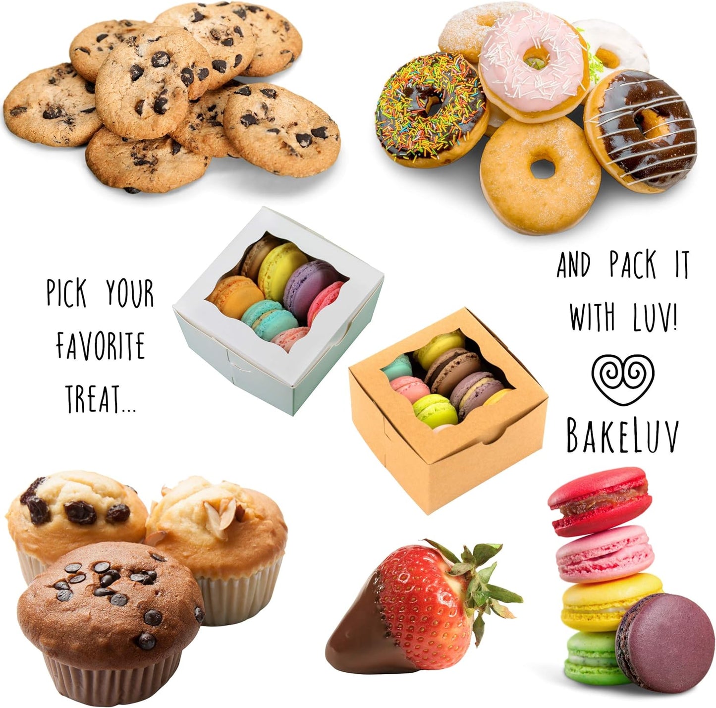 50Pcs Brown Small Cookie Boxes with Window, 4X4X2.5 Inches Bakery Boxes, Mini Cake, Treats, Macaron Packaging, Individual Cupcake, Gift Giving