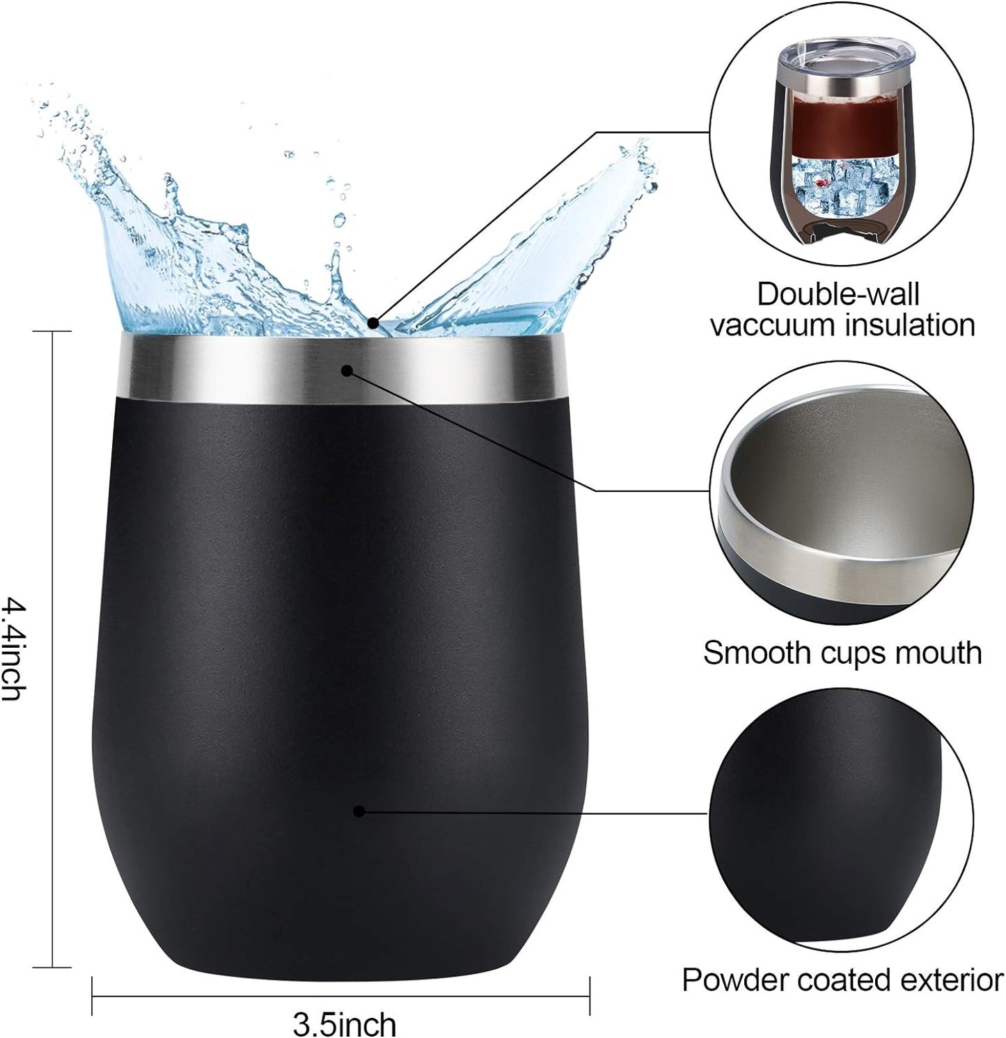 8 Pack 12Oz Stainless Steel Wine Tumblers, Insulated Wine Tumbler, Double Wall Insulated Wine Glass, Stainless Steel Stemless Wine Cups with Lids for Coffee, Wine, Cocktails, Champaign, Black