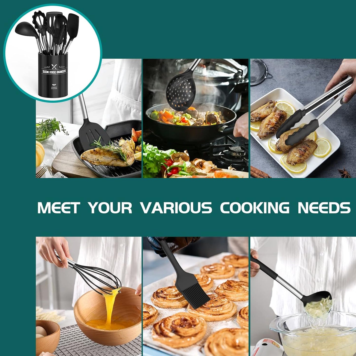 Silicone Cooking Utensil Set, 15Pcs Silicone Cooking Kitchen Utensils Set, Non-Stick - Best Kitchen Cookware with Stainless Steel Handle - Black