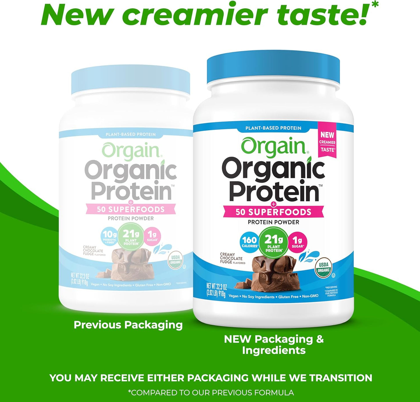 Organic Vegan Protein + 50 Superfoods Powder, Creamy Chocolate Fudge - 21G Plant Based Protein, 9G Prebiotic Fiber, No Lactose, Gluten Free, No Added Sugar, 2.02 Lb (Packaging May Vary)