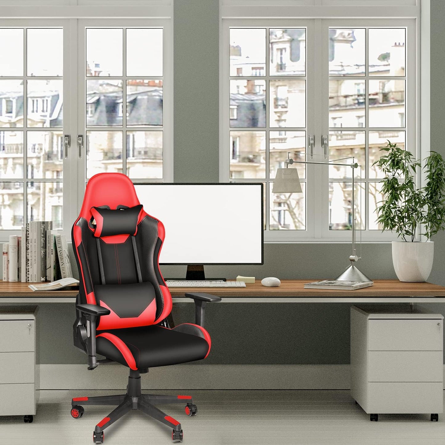 Ergonomic High Back Gaming Chair 400Lbs, Office Chair Computer Chair with Headrest Lumbar Support, Video Gaming Chair for Teens with Adjustable Armrest(Red)