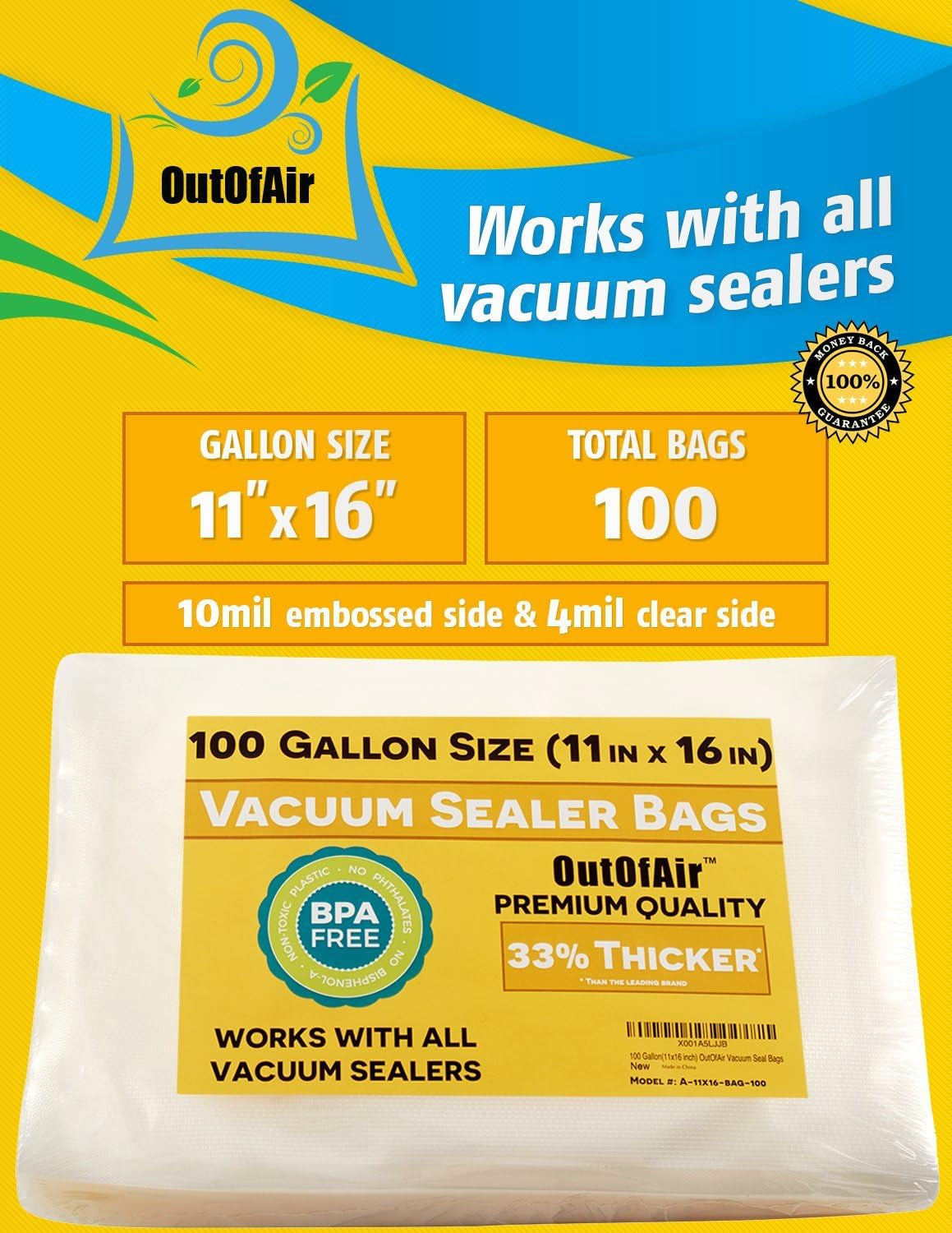 100 Vacuum Sealer Bags: Gallon Size (11" X 16") by Works with Foodsaver & Other Machines - 33% Thicker BPA Free, Commercial Grade, 11 X 16 Inches