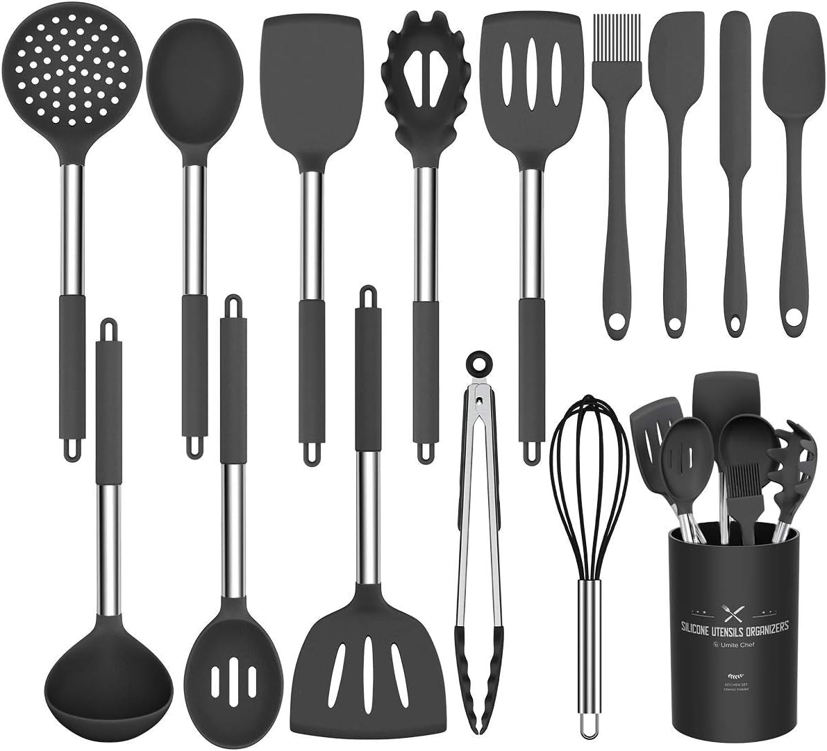 Silicone Cooking Utensil Set, 15Pcs Silicone Cooking Kitchen Utensils Set, Non-Stick - Best Kitchen Cookware with Stainless Steel Handle - Black