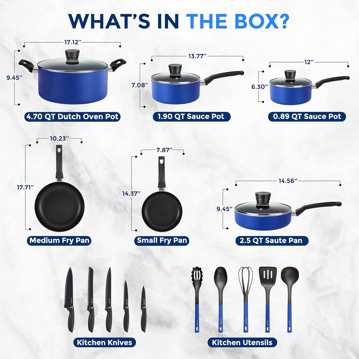20-Piece Blue Cookware and Knives Set - Includes Multi-Sized Nonstick Pots and Pans with Lids and Utensils, Heat Resistant, Dishwasher Safe