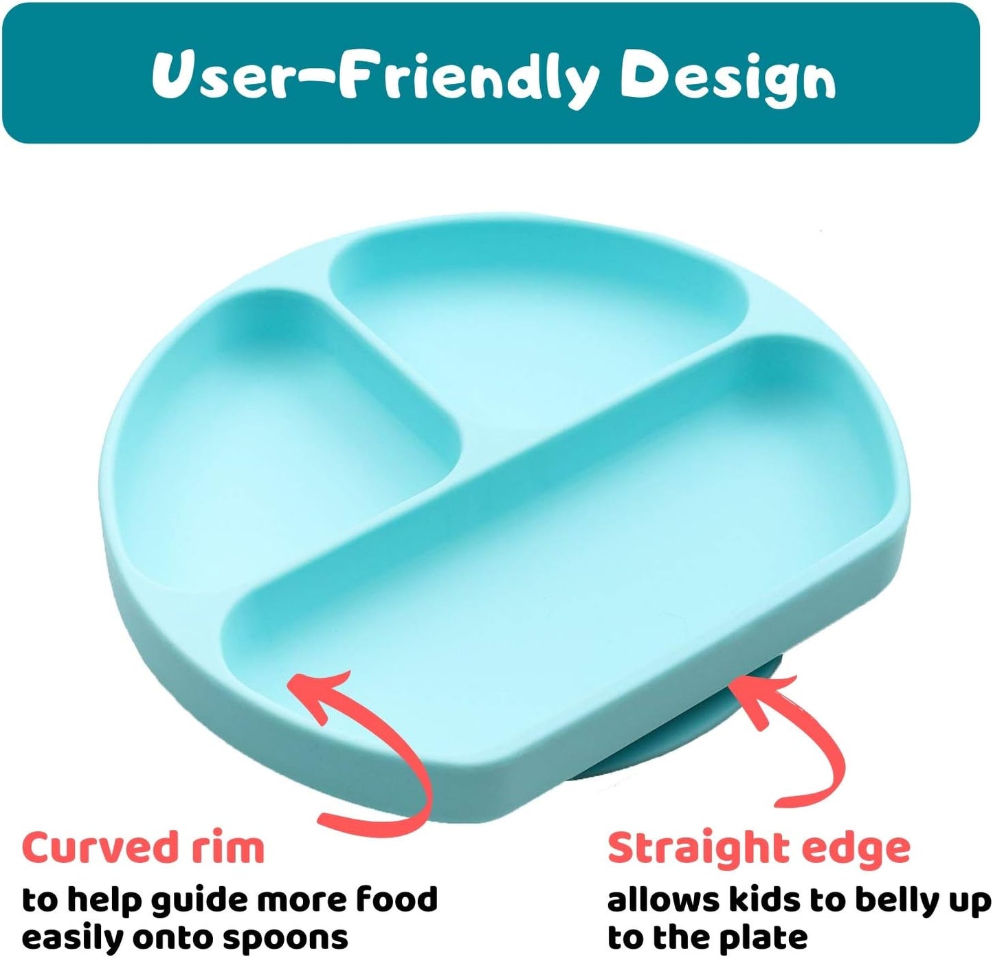 Suction Plate for Toddlers | BPA Free, 100% Food-Grade Silicone | Microwave, Dishwasher and Oven Safe | Stay Put Divided Baby Feeding Plates