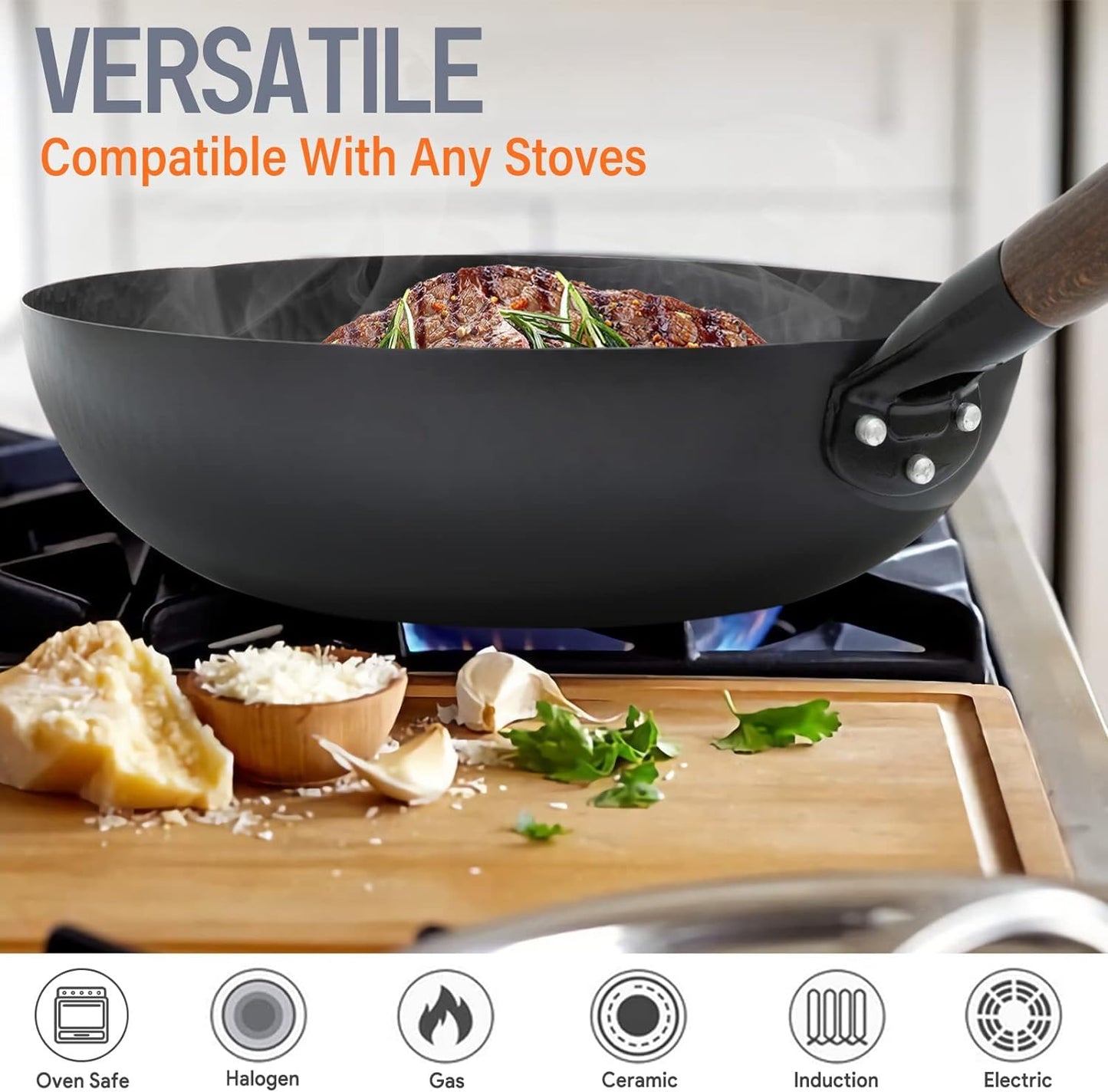 Wok Pan 12.5" Carbon Steel Wok Stir Fry Pan with Lid, Flat Bottom Chinese Wok Set with 6 Utensils Cookware Accessories for All Stoves