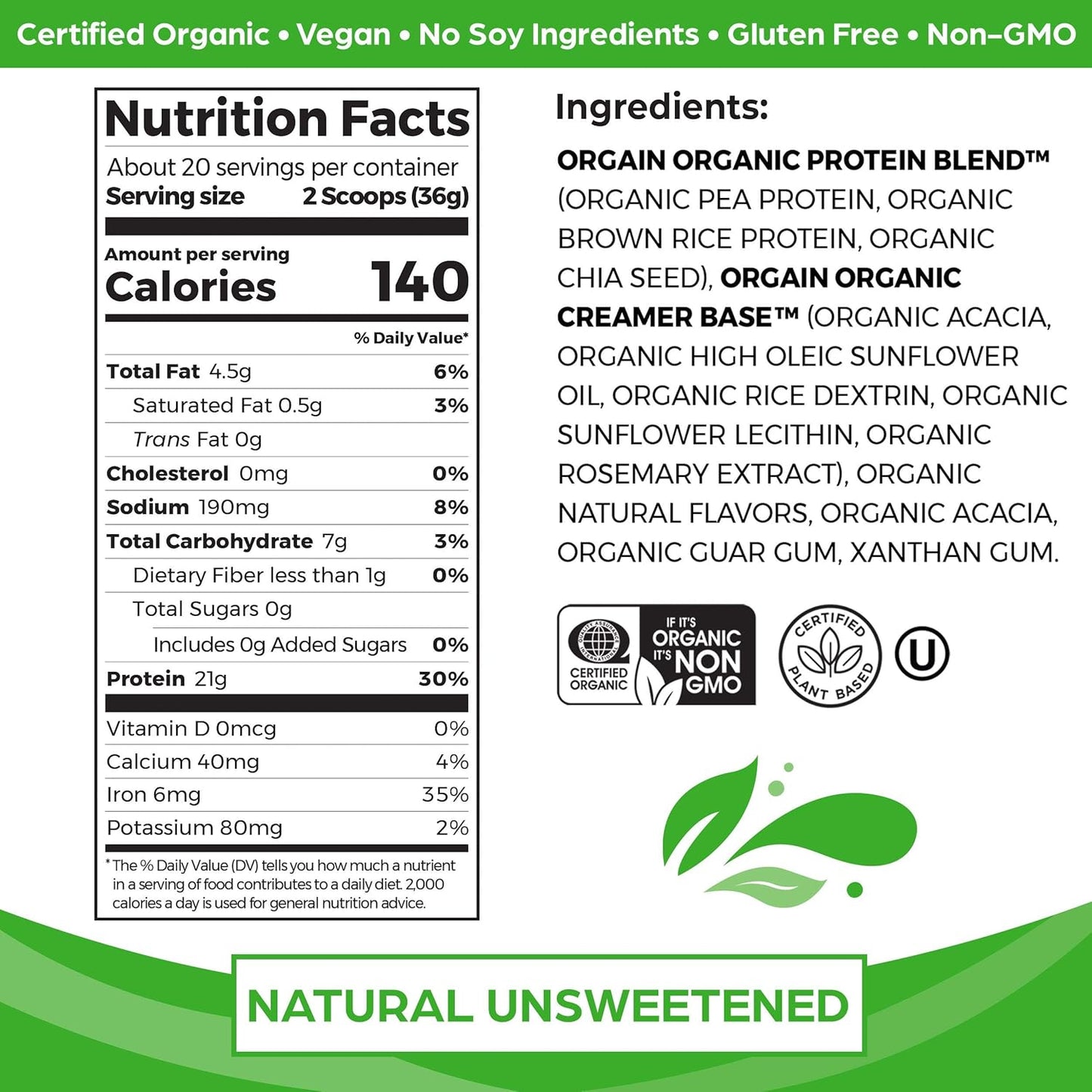 Organic Unflavored Vegan Protein Powder, Natural Unsweetened - 21G of Plant Based Protein, Non Dairy, Gluten Free, No Sugar Added, Soy Free, Non-Gmo, 1.59 Lb (Packaging May Vary)