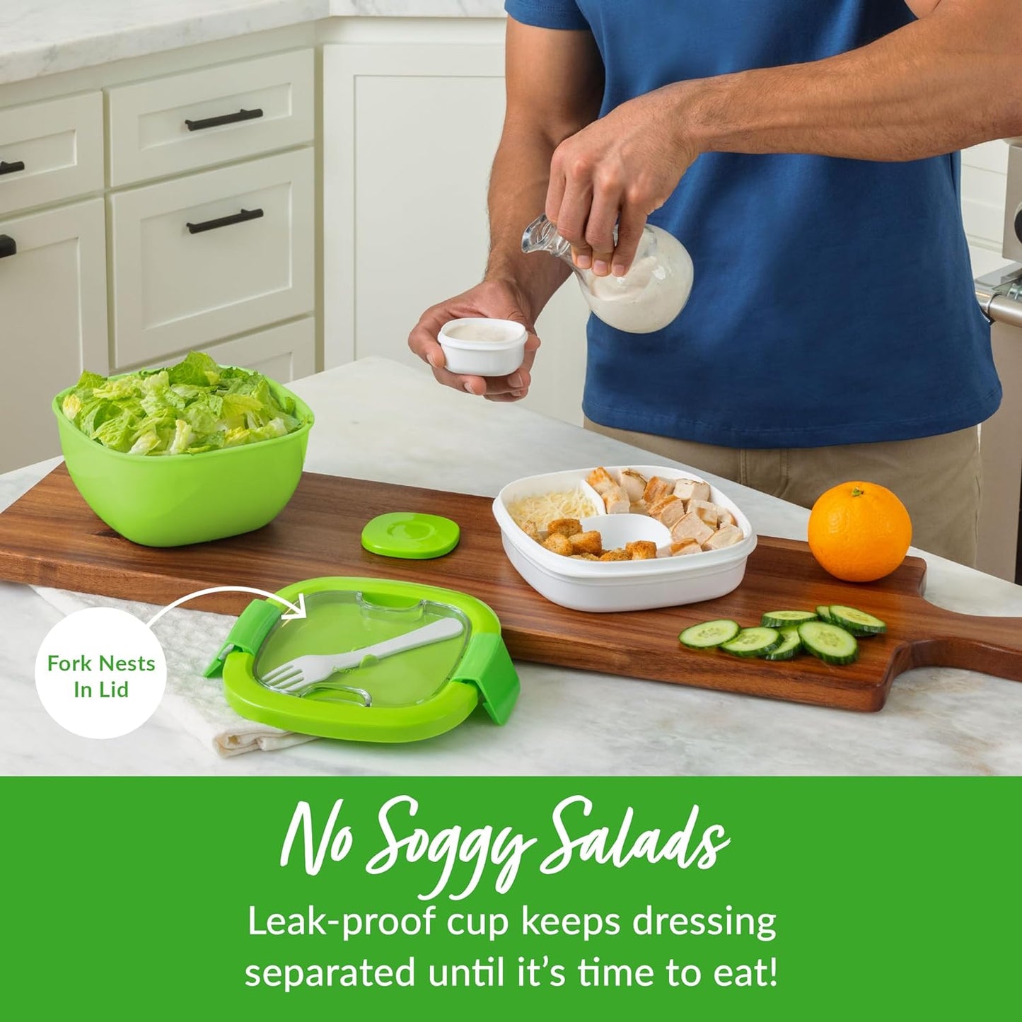Salad Container - 54 Oz Bowl with 4-Compartment Toppings Tray, Leak-Proof Dressing Container, Reusable Fork, Bpa-Free Lunch Box for Meal Prep & Food Storage; Removable Bento Tray (Green)
