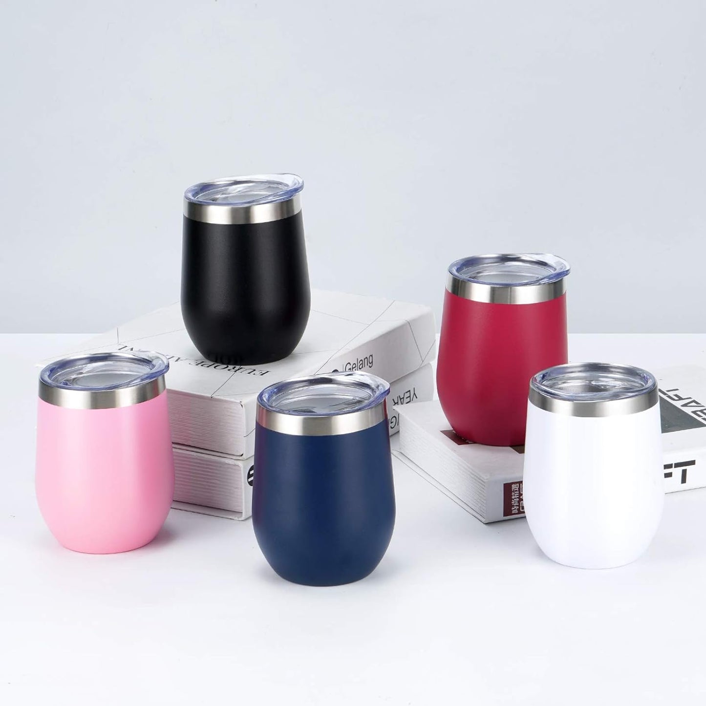 8 Pack 12Oz Stainless Steel Wine Tumblers, Insulated Wine Tumbler, Double Wall Insulated Wine Glass, Stainless Steel Stemless Wine Cups with Lids for Coffee, Wine, Cocktails, Champaign, Black