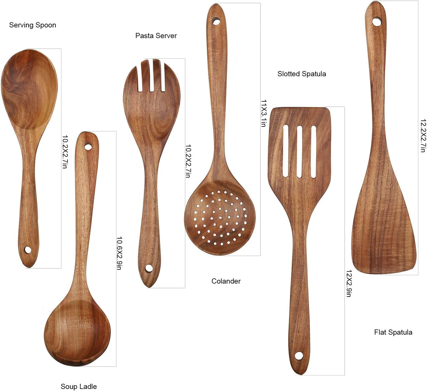 Wooden Cooking Utensils Set 6-Piece Wood Kitchen Utensil Set for Non Stick Cookware Wooden Spatula,Fork,Turner,Ladle,Strainer Spoons (6)