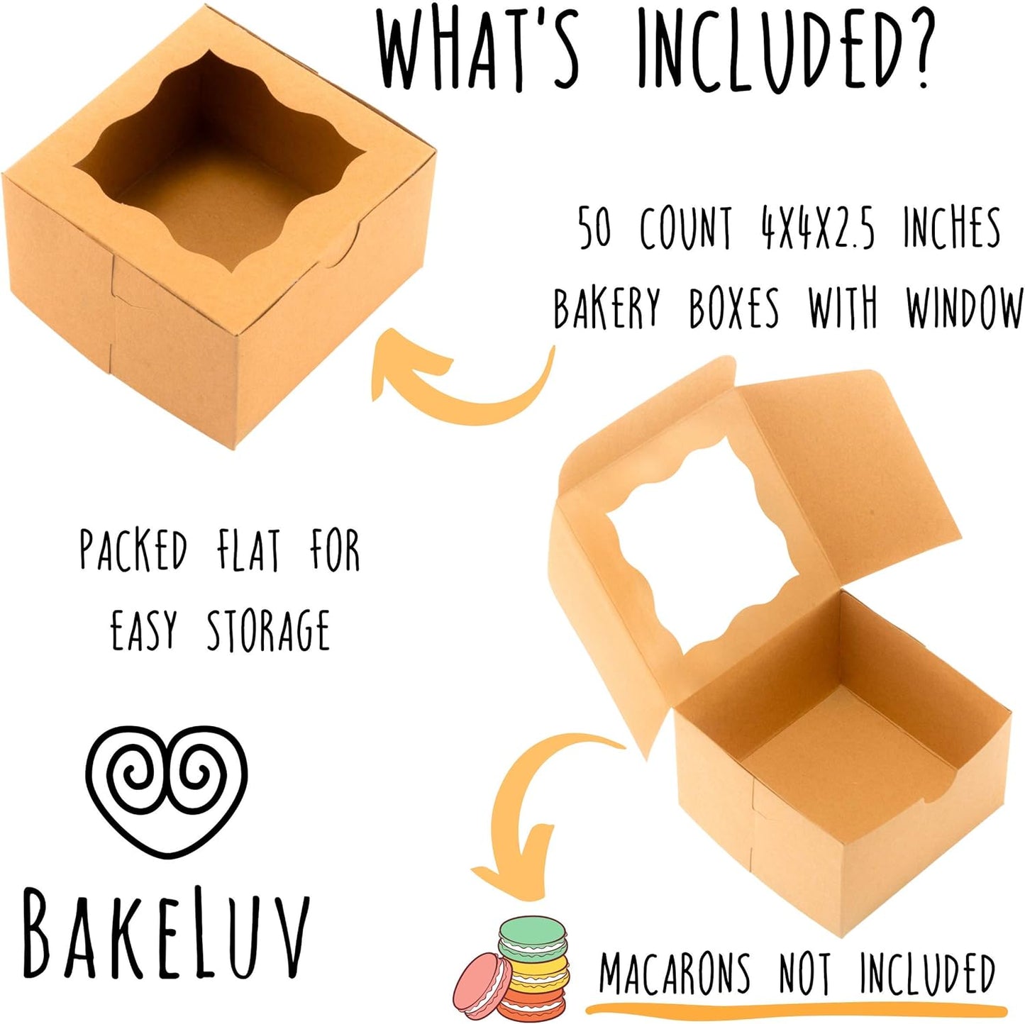 50Pcs Brown Small Cookie Boxes with Window, 4X4X2.5 Inches Bakery Boxes, Mini Cake, Treats, Macaron Packaging, Individual Cupcake, Gift Giving
