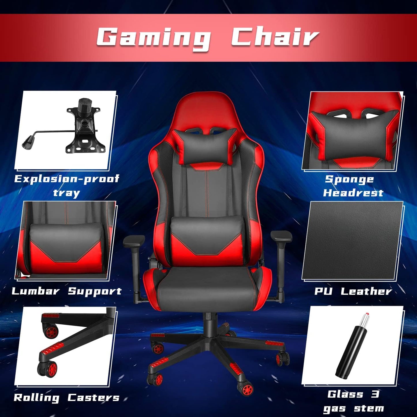 Ergonomic High Back Gaming Chair 400Lbs, Office Chair Computer Chair with Headrest Lumbar Support, Video Gaming Chair for Teens with Adjustable Armrest(Red)