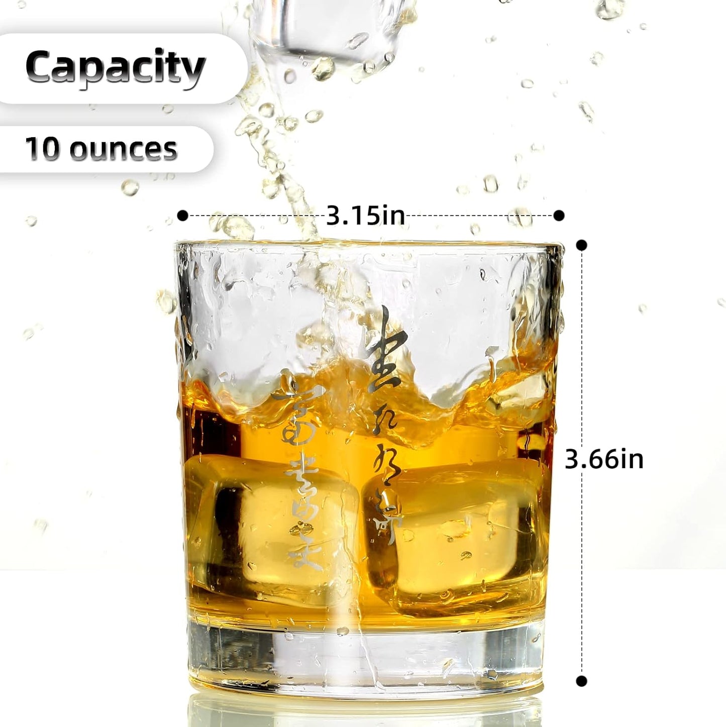 Bashenlife Crystal Old Fashioned Whiskey Glasses 10 Oz Rocks Barware for Scotch, Bourbon, Liquor and Cocktail Drinks-Set of 4 (Calligraphy)