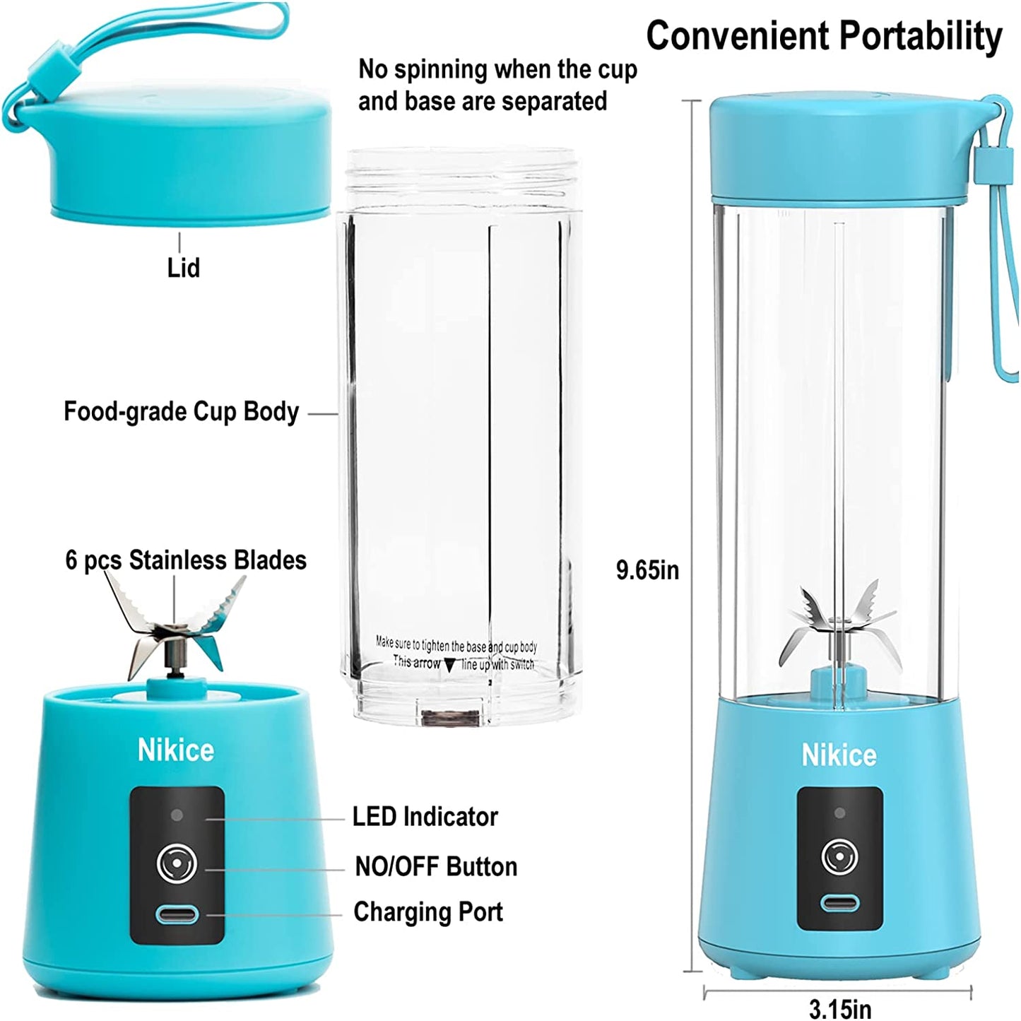 Personal Size Blender Juicer Cup - Portable Smoothies and Shakes Blender, Handheld Fruit Machine - Blue