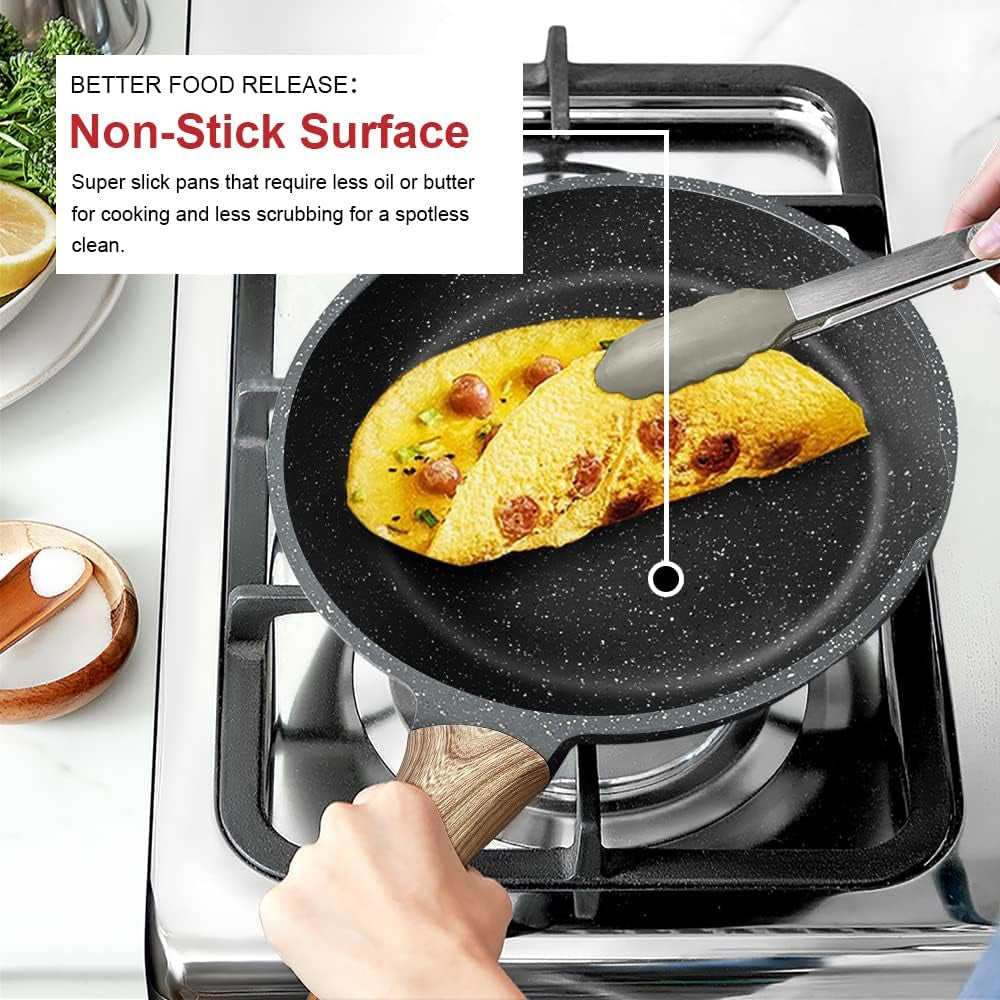 Nonstick Granite Frying Pan Skillet, Non Stick Omelette Fry Pans, Omelet Egg Pan, Stone Cookware Chef'S Pan, Induction Compatible, PFOA Free (Gray, 9.5 Inch with Lid)