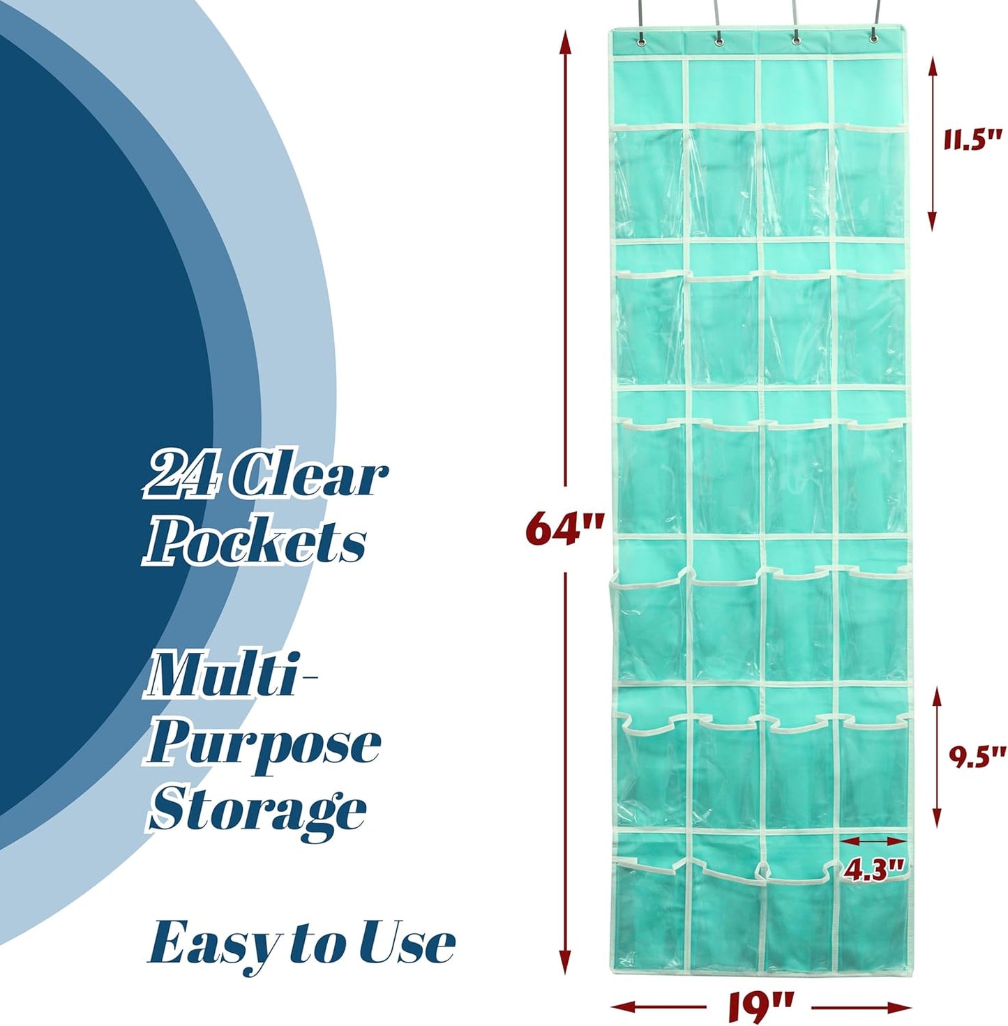 24 Pockets - Crystal Clear over the Door Hanging Shoe Organizer, Turquoise (64'' X 19'')