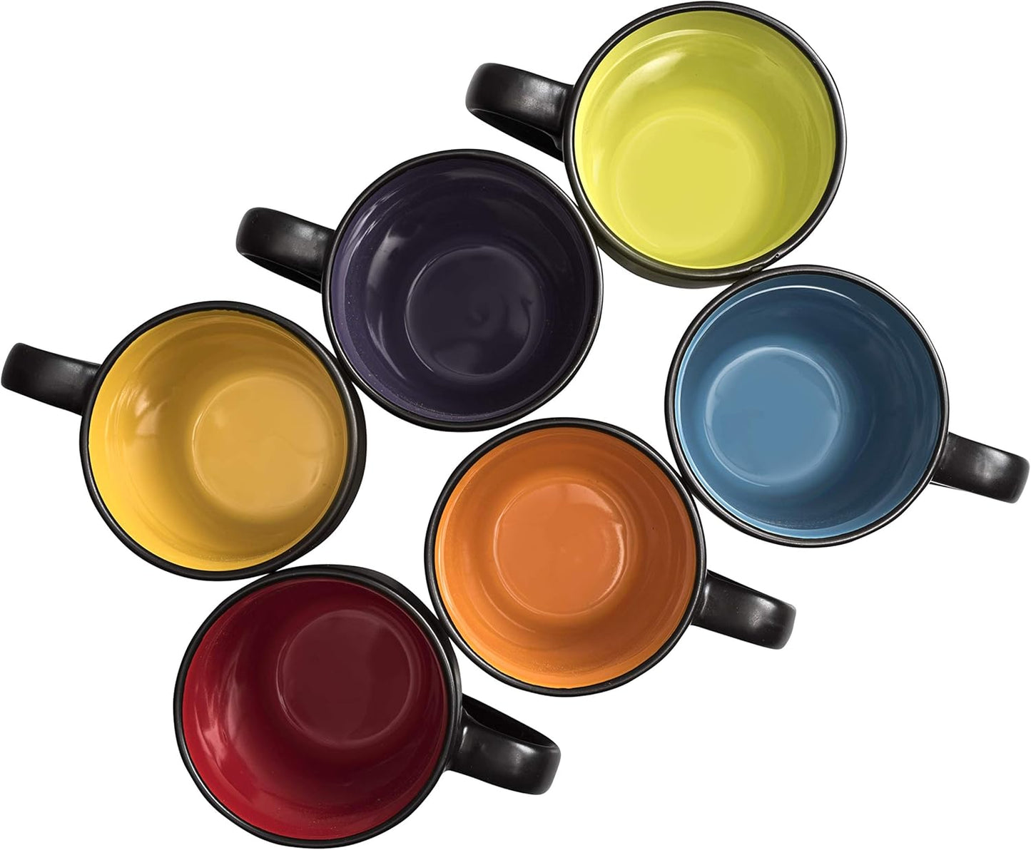 Black Coffee Mugs 14Oz Set of 6 - Stoneware Coffee Mug Fits Coffee Makers - Black Cup with Multi Color Inside