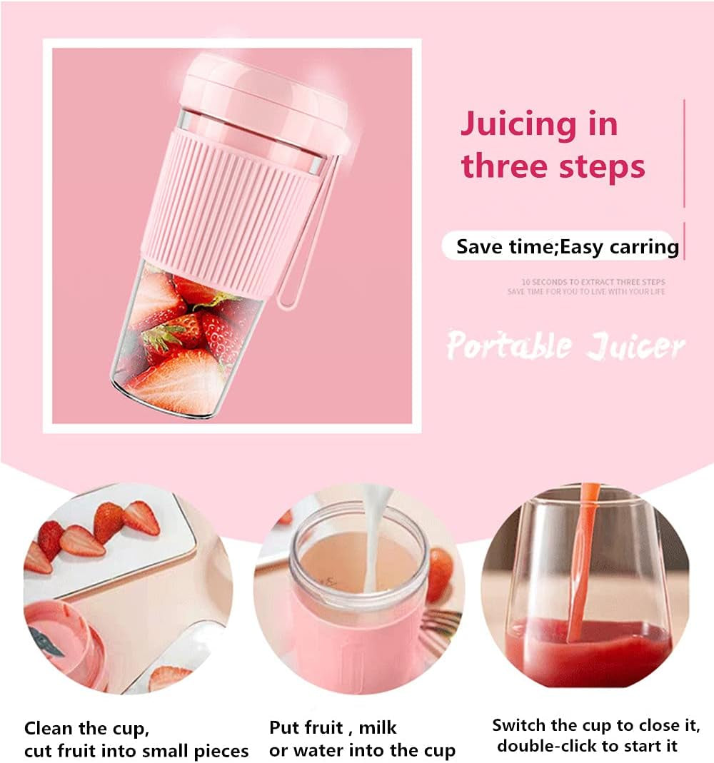 Portable Blender Cordless Smoothies and Shakes Detachable Personal Size Juicer Cup with USB Rechargeable Four Blades Fruit Mixing Machine 10Oz Travel Mini Mixer Handheld Blender for Sports Gym Pink (Pink)