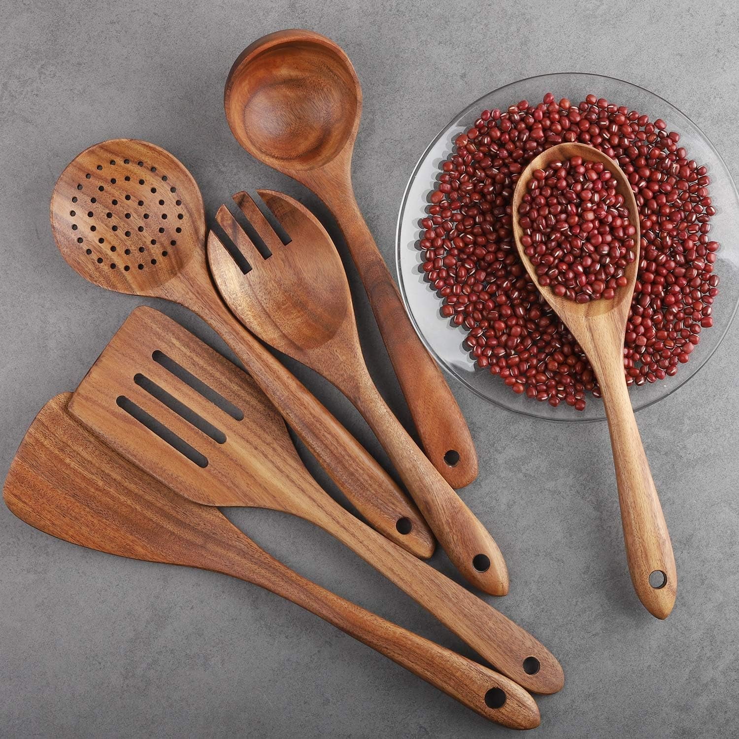 Wooden Cooking Utensils Set 6-Piece Wood Kitchen Utensil Set for Non Stick Cookware Wooden Spatula,Fork,Turner,Ladle,Strainer Spoons (6)