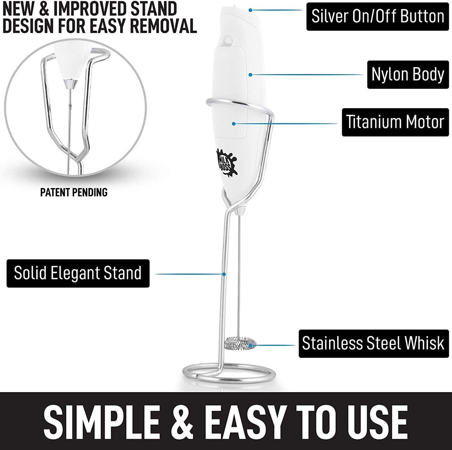 Matcha Whisk - Handheld Electric Stirrer - Frother Wand & Drink Mixer - Durable Stainless Steel - White Ultra Stand