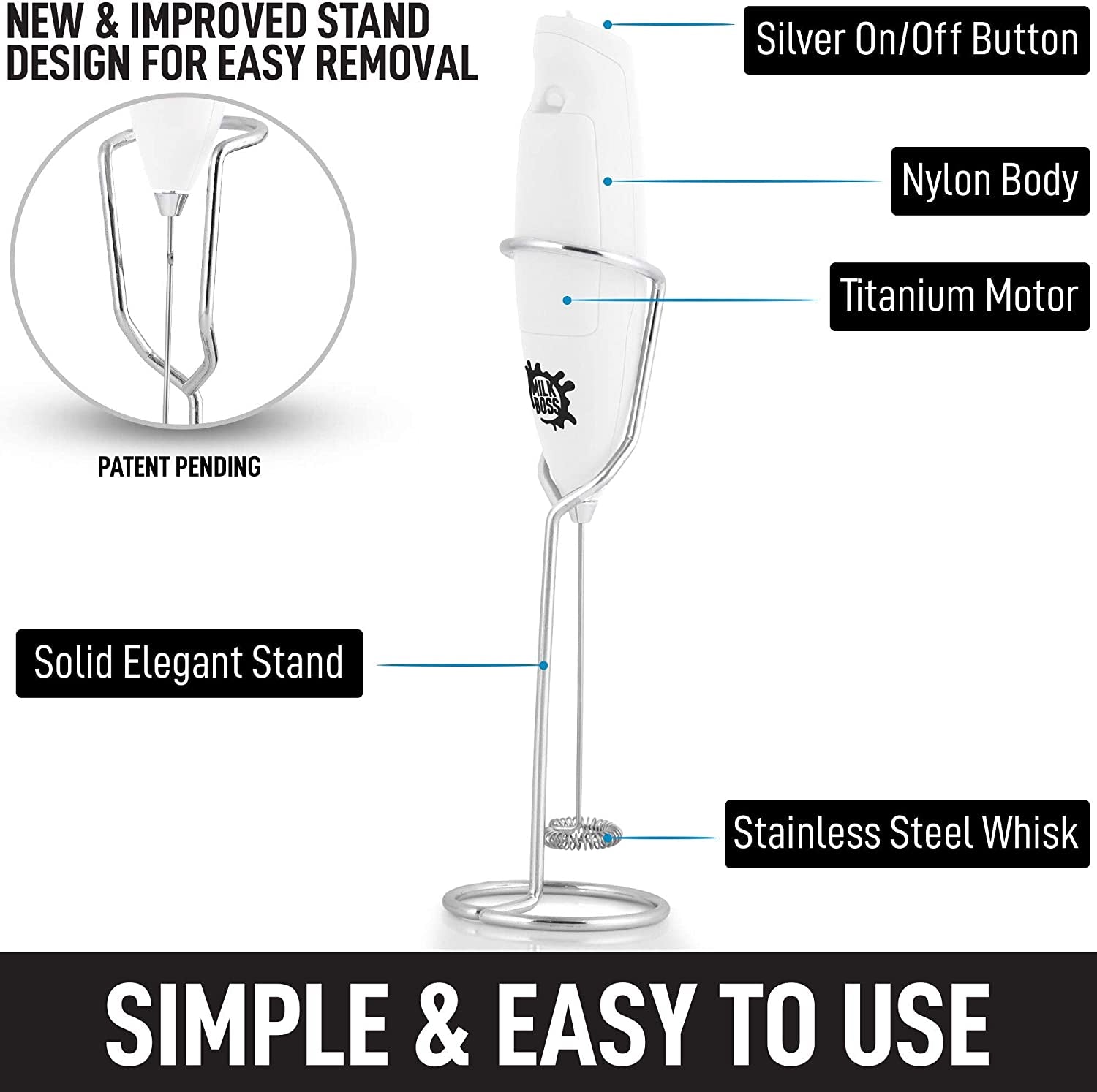 Matcha Whisk - Handheld Electric Stirrer - Frother Wand & Drink Mixer - Durable Stainless Steel - White Ultra Stand