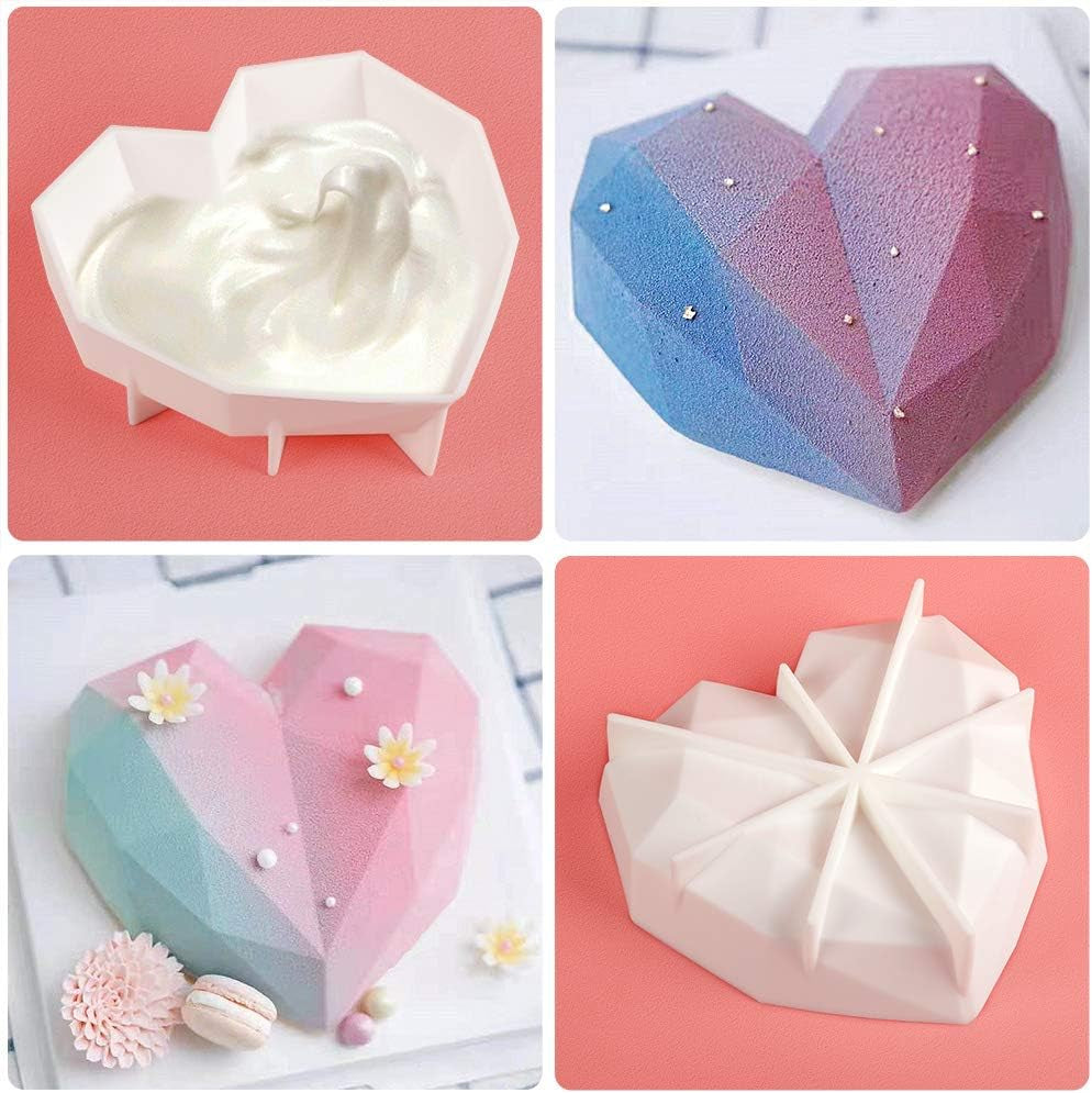 Upgraded 3Rd Cake Mold,100Percent Food-Grade Silicone Baking Pan,Special 3D Diamond Heart Shaped Cookie Cutters,Non-Stick Easy Release Bread Mold,7.5 X 7.5 X 2.3 Inch