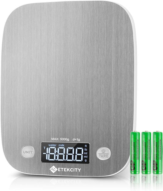 Food Kitchen Scale, Digital Grams and Ounces for Weight Loss, Baking, Cooking, Keto and Meal Prep, Postal Scale for Packages, Liquids, Jewelry, Medium, Silver Stainless Steel