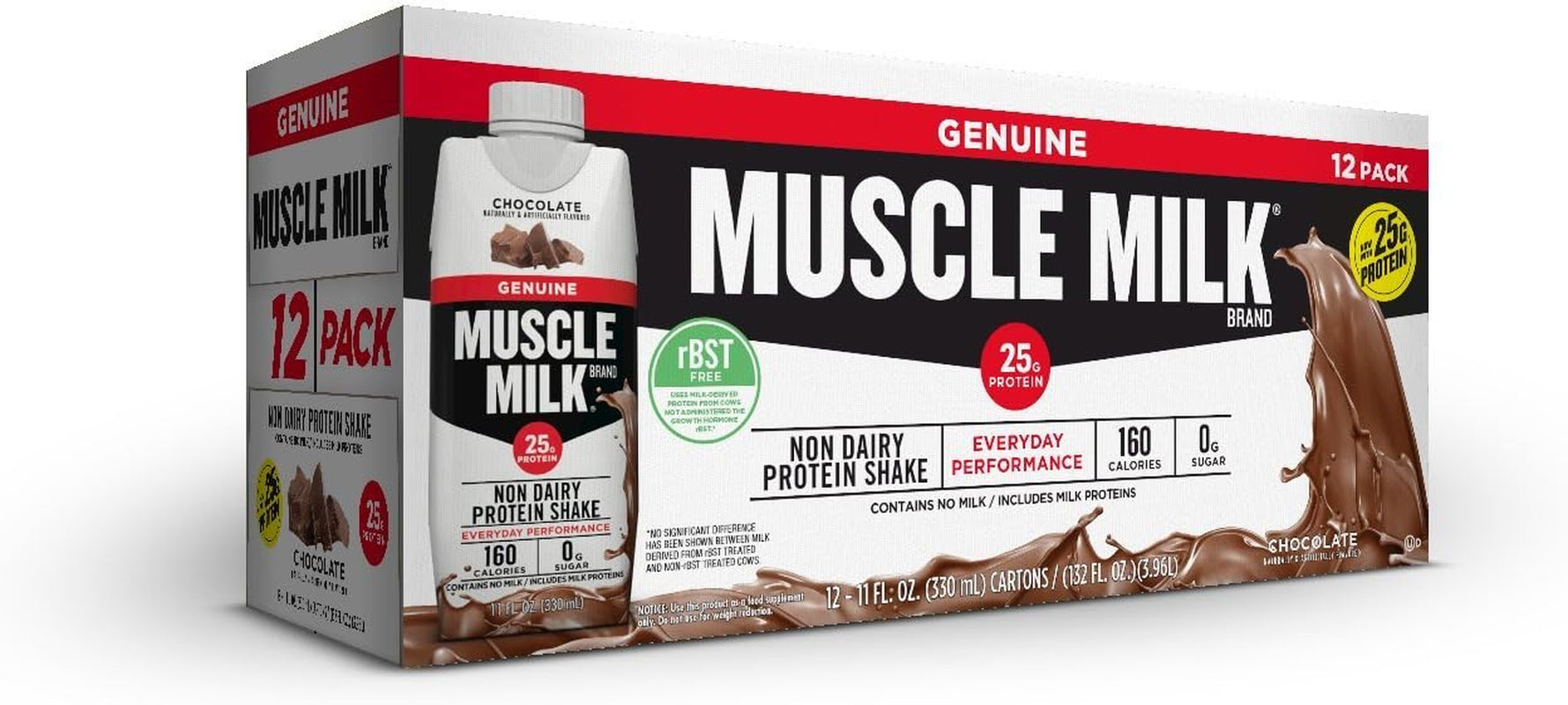 Genuine Protein Shake, Chocolate, 11 Fl Oz Carton, 12 Pack, 25G Protein, Zero Sugar, Calcium, Vitamins A, C & D, 5G Fiber, Energizing Snack, Workout Recovery, Packaging May Vary