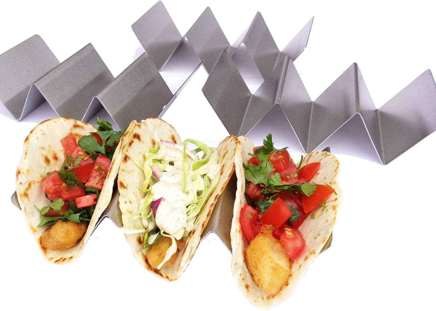 Taco Holder - Stainless Steel Taco Plates, 4 Count, Mexican Style, Holds 3 Tacos, Dishwasher, Oven and Grill Safe