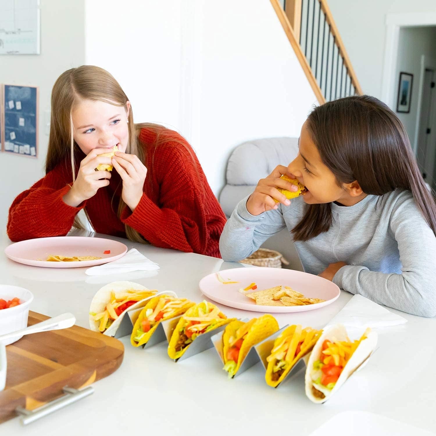Taco Holder - Stainless Steel Taco Plates, 4 Count, Mexican Style, Holds 3 Tacos, Dishwasher, Oven and Grill Safe