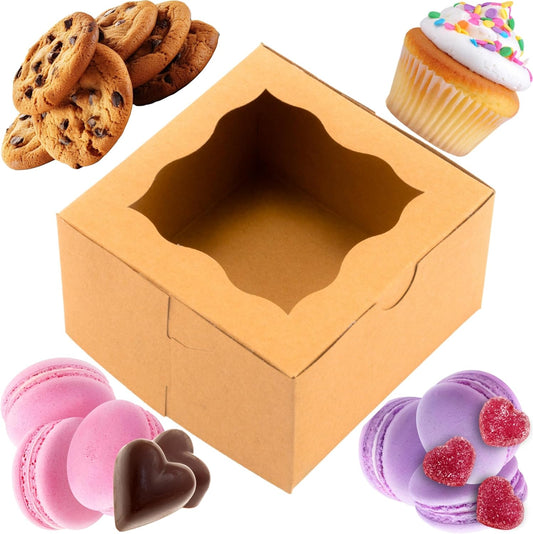 50Pcs Brown Small Cookie Boxes with Window, 4X4X2.5 Inches Bakery Boxes, Mini Cake, Treats, Macaron Packaging, Individual Cupcake, Gift Giving