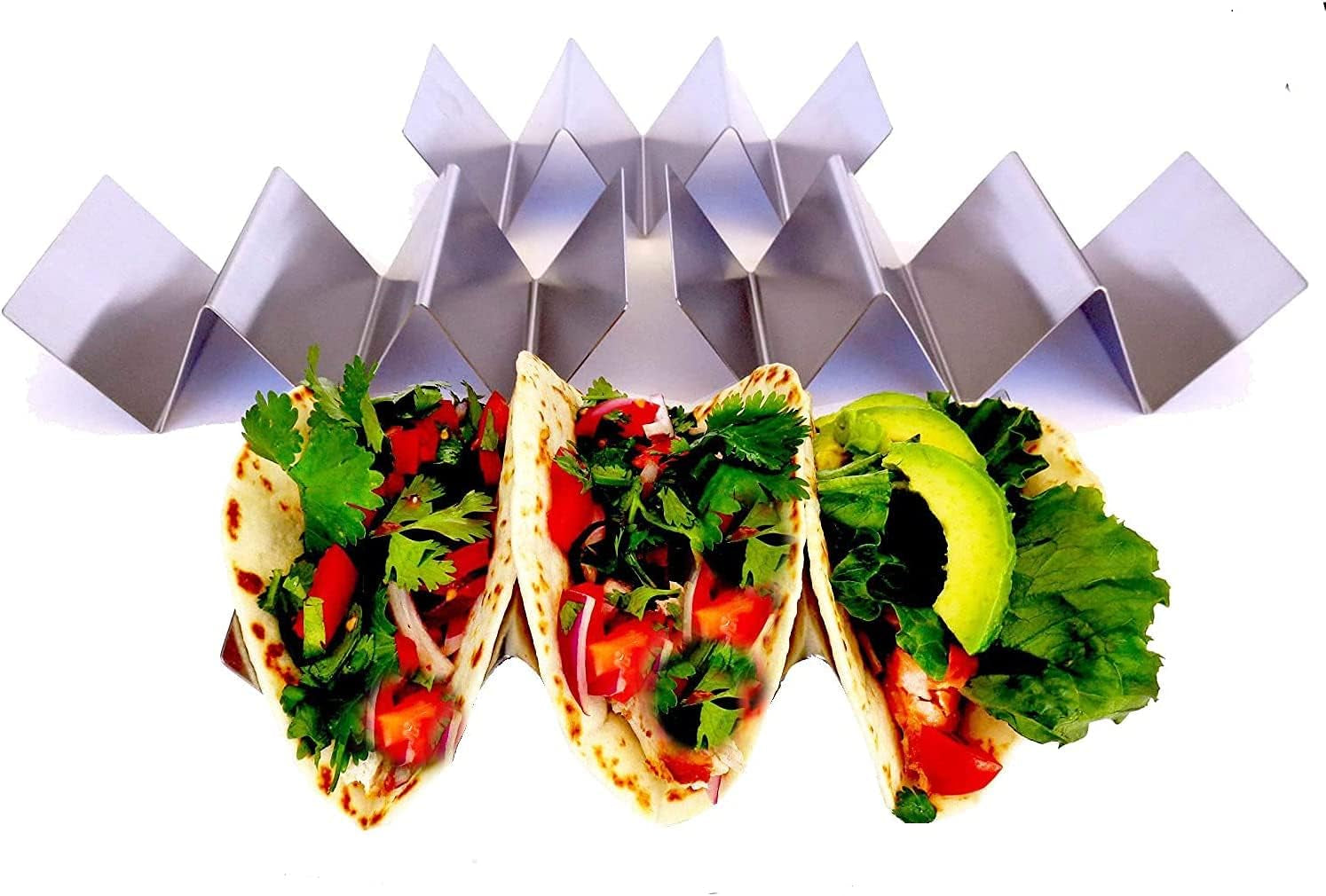 Taco Holder - Stainless Steel Taco Plates, 4 Count, Mexican Style, Holds 3 Tacos, Dishwasher, Oven and Grill Safe