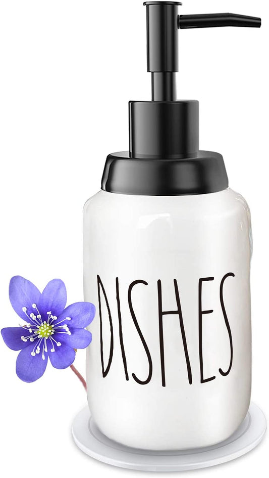 Soap Dispenser–Modern Farmhouse Style Ceramic Dishes Liquid Soap Dispenser–Perfect for Kitchen Counter Décor or Kitchen Sink-Bathroom Soap Dispenser–White Bottles with Black Pump and Lettering(14Oz)