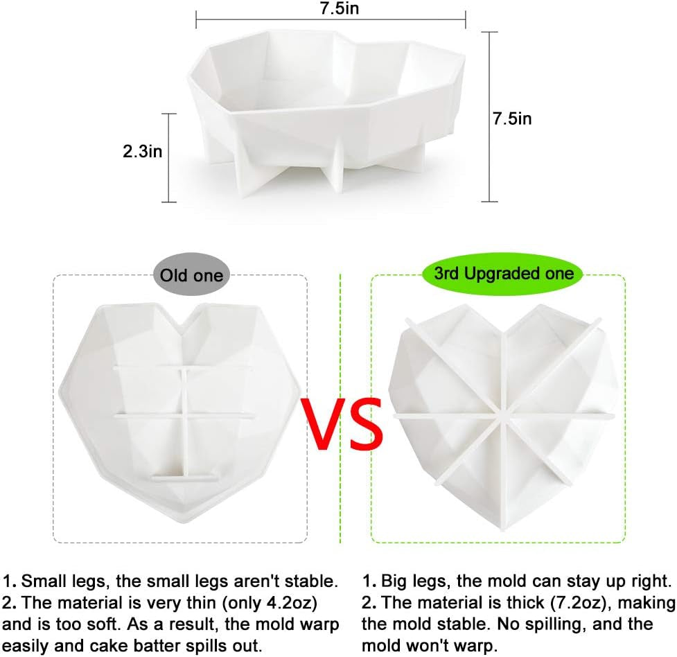 Upgraded 3Rd Cake Mold,100Percent Food-Grade Silicone Baking Pan,Special 3D Diamond Heart Shaped Cookie Cutters,Non-Stick Easy Release Bread Mold,7.5 X 7.5 X 2.3 Inch