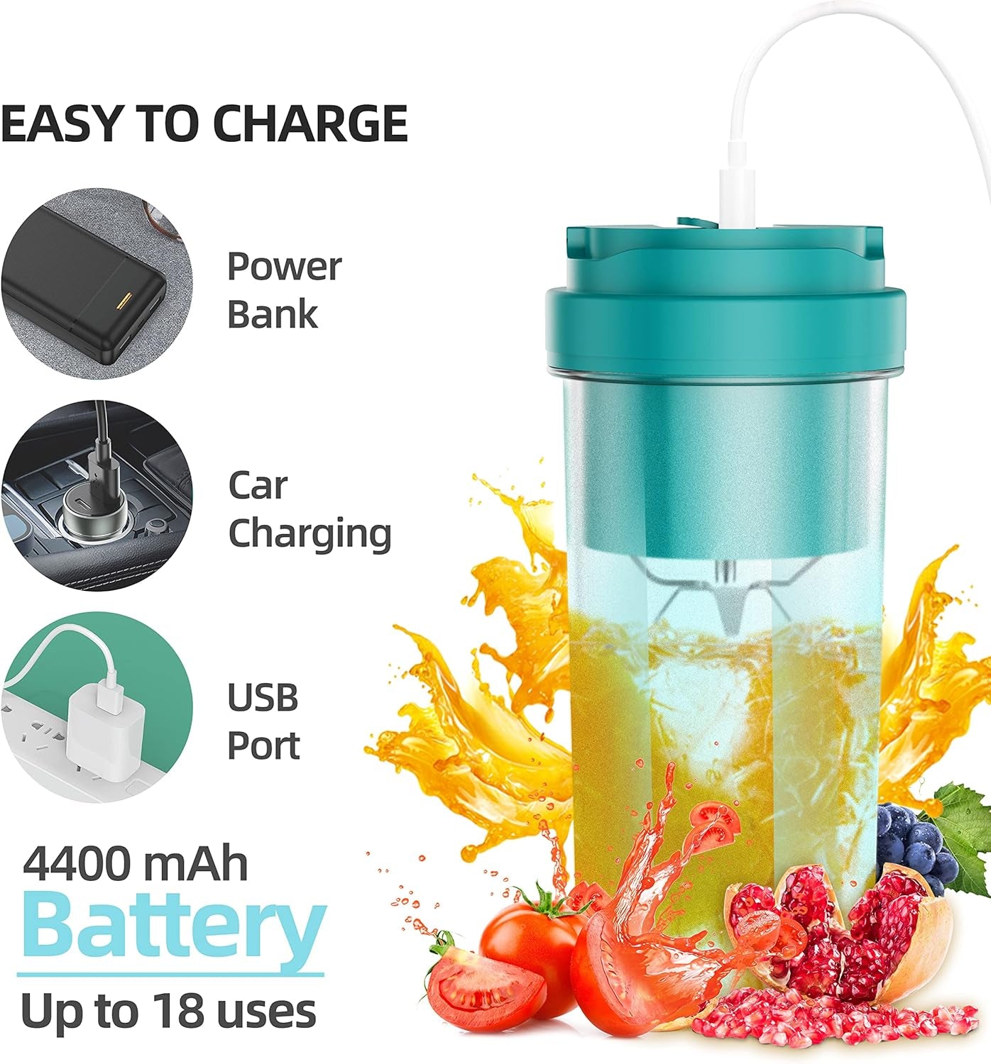 Portable Blender, Personal Blender for Shakes and Smoothies, Mini Blender USB Rechargeable and 6 Blades,19Oz/550Ml Fruit Juice Mixer, Juicer Cup for Sport Travel Office(Blue)