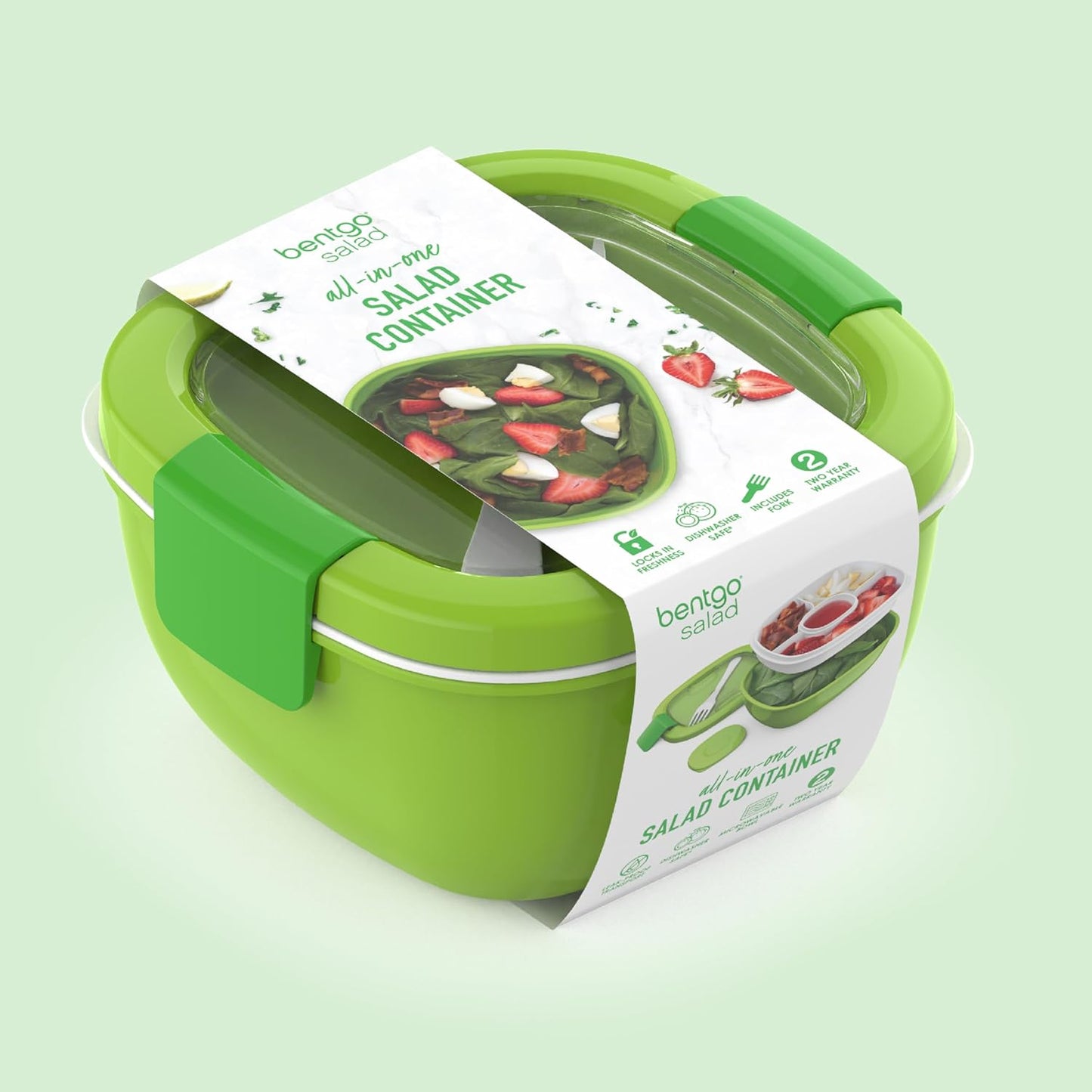Salad Container - 54 Oz Bowl with 4-Compartment Toppings Tray, Leak-Proof Dressing Container, Reusable Fork, Bpa-Free Lunch Box for Meal Prep & Food Storage; Removable Bento Tray (Green)