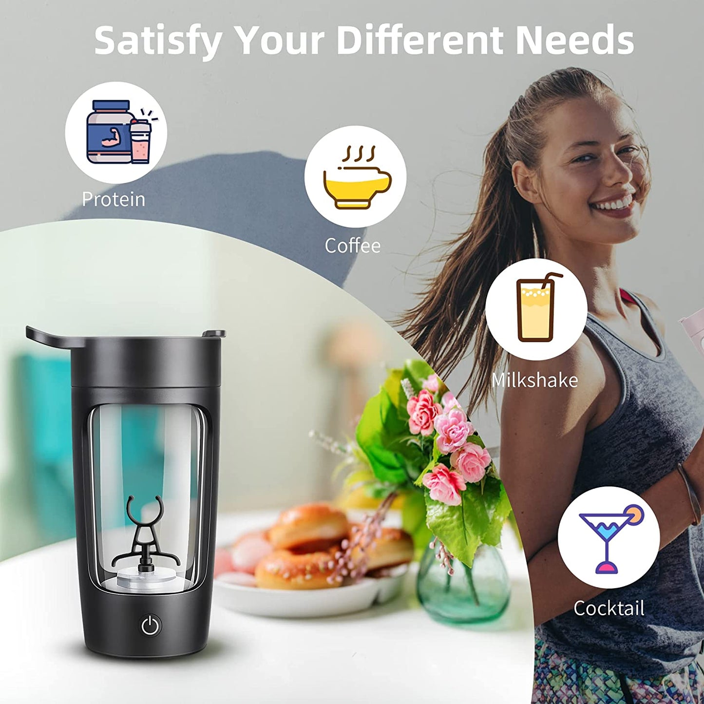 Electric Shaker Bottle, 22Oz Protein Mixer, Usb-Rechargeable, Black