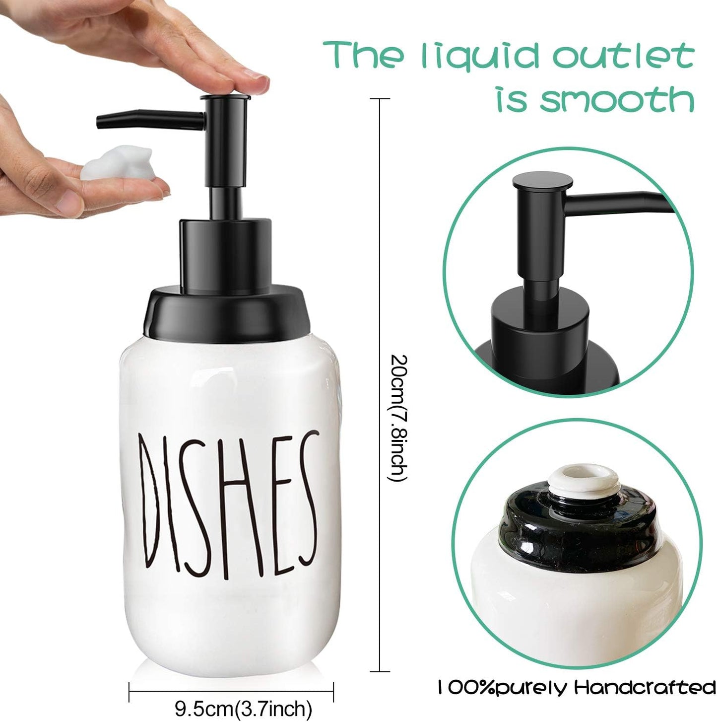 Soap Dispenser–Modern Farmhouse Style Ceramic Dishes Liquid Soap Dispenser–Perfect for Kitchen Counter Décor or Kitchen Sink-Bathroom Soap Dispenser–White Bottles with Black Pump and Lettering(14Oz)