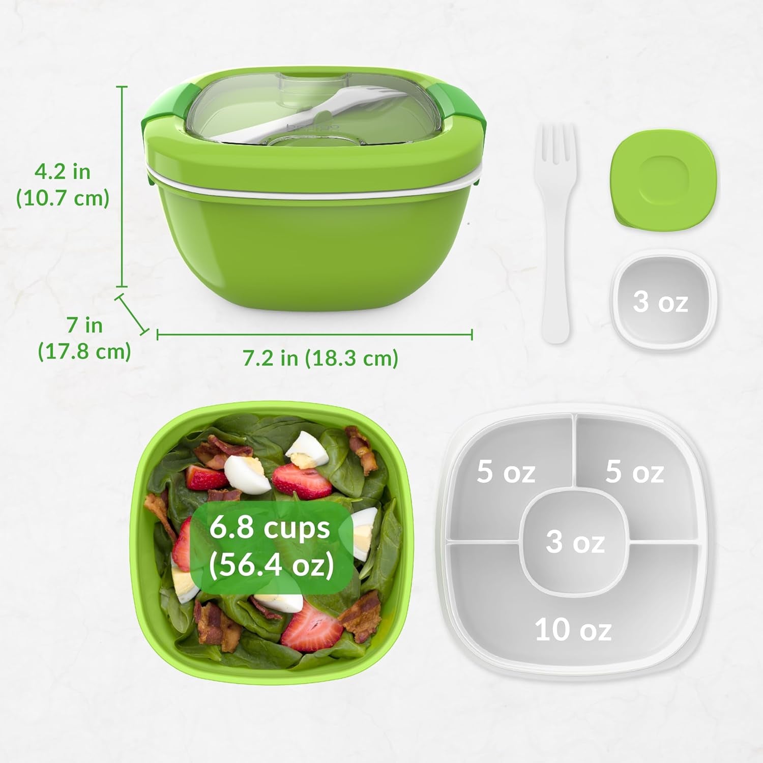Salad Container - 54 Oz Bowl with 4-Compartment Toppings Tray, Leak-Proof Dressing Container, Reusable Fork, Bpa-Free Lunch Box for Meal Prep & Food Storage; Removable Bento Tray (Green)