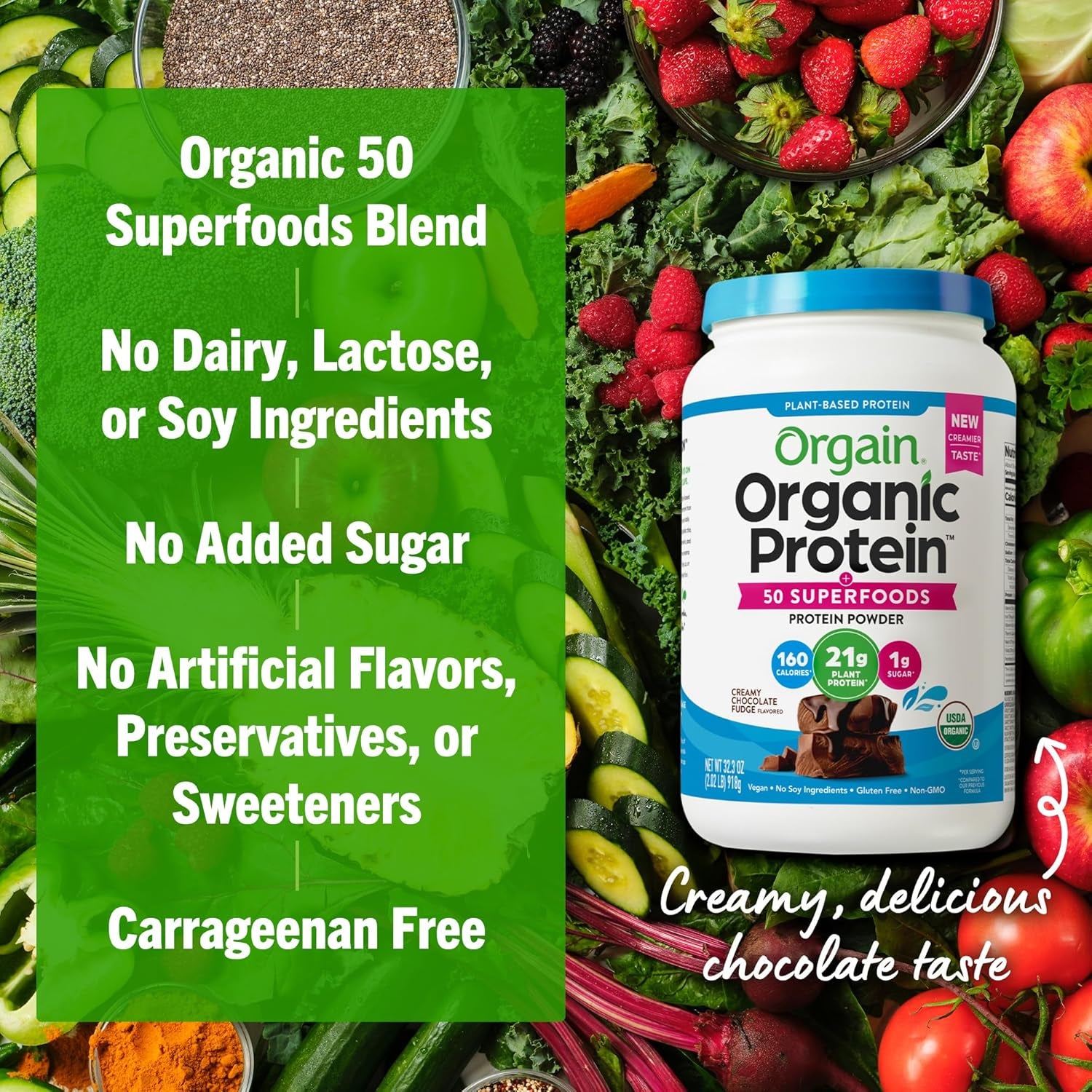Organic Vegan Protein + 50 Superfoods Powder, Creamy Chocolate Fudge - 21G Plant Based Protein, 9G Prebiotic Fiber, No Lactose, Gluten Free, No Added Sugar, 2.02 Lb (Packaging May Vary)