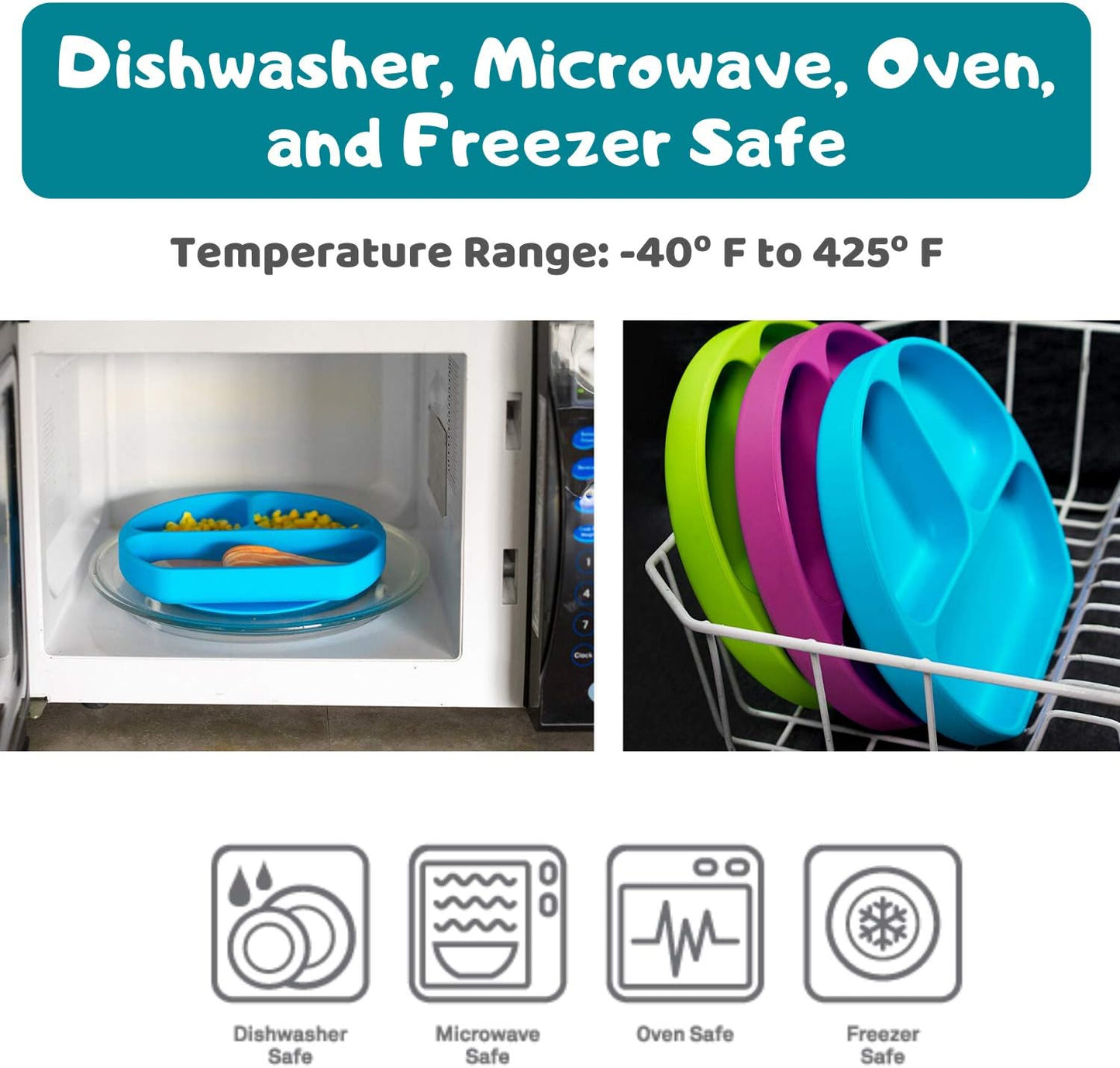 Suction Plate for Toddlers | BPA Free, 100% Food-Grade Silicone | Microwave, Dishwasher and Oven Safe | Stay Put Divided Baby Feeding Plates