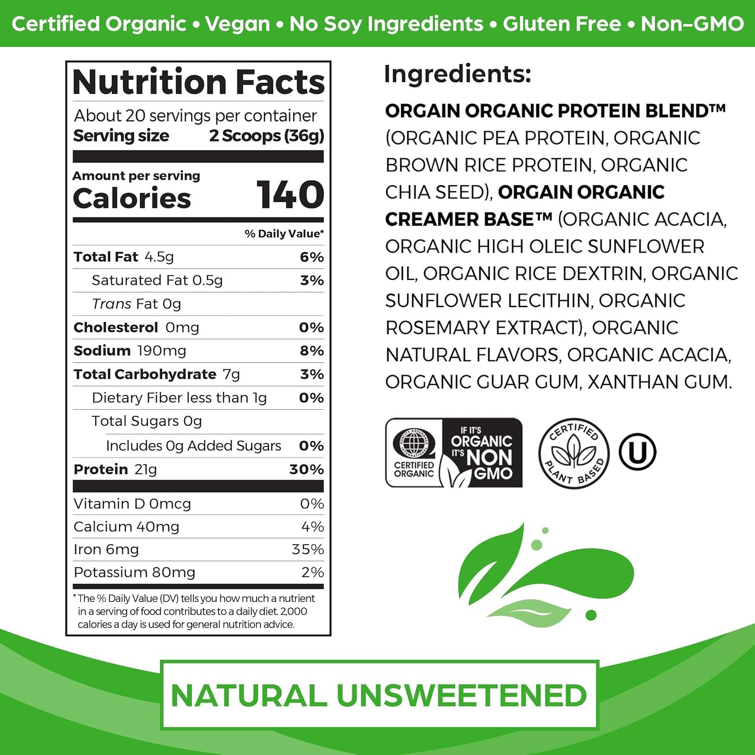 Organic Unflavored Vegan Protein Powder, Natural Unsweetened - 21G of Plant Based Protein, Non Dairy, Gluten Free, No Sugar Added, Soy Free, Non-Gmo, 1.59 Lb (Packaging May Vary)