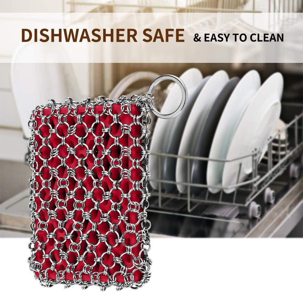 316L Cast Iron Scrubber Cleaner, Large Cast Iron Chain Mail Scrubber - Chainmail Scrubber Sponge - Metal Skillet Scrubbing, Wok, Dutch Oven Cleaning Kit