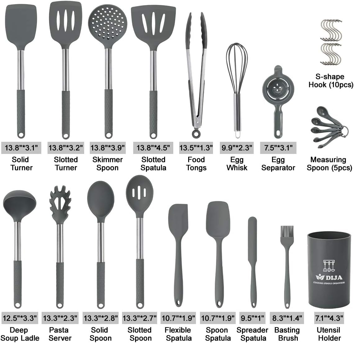 Cooking Utensils Set, Kitchen Utensils 31Pcs Cooking Utensils Set, Heat Resistant Non-Stick Silicone Kitchen Spatula Set with Stainless Steel Handle - Gray (BPA Free, Non Toxic)