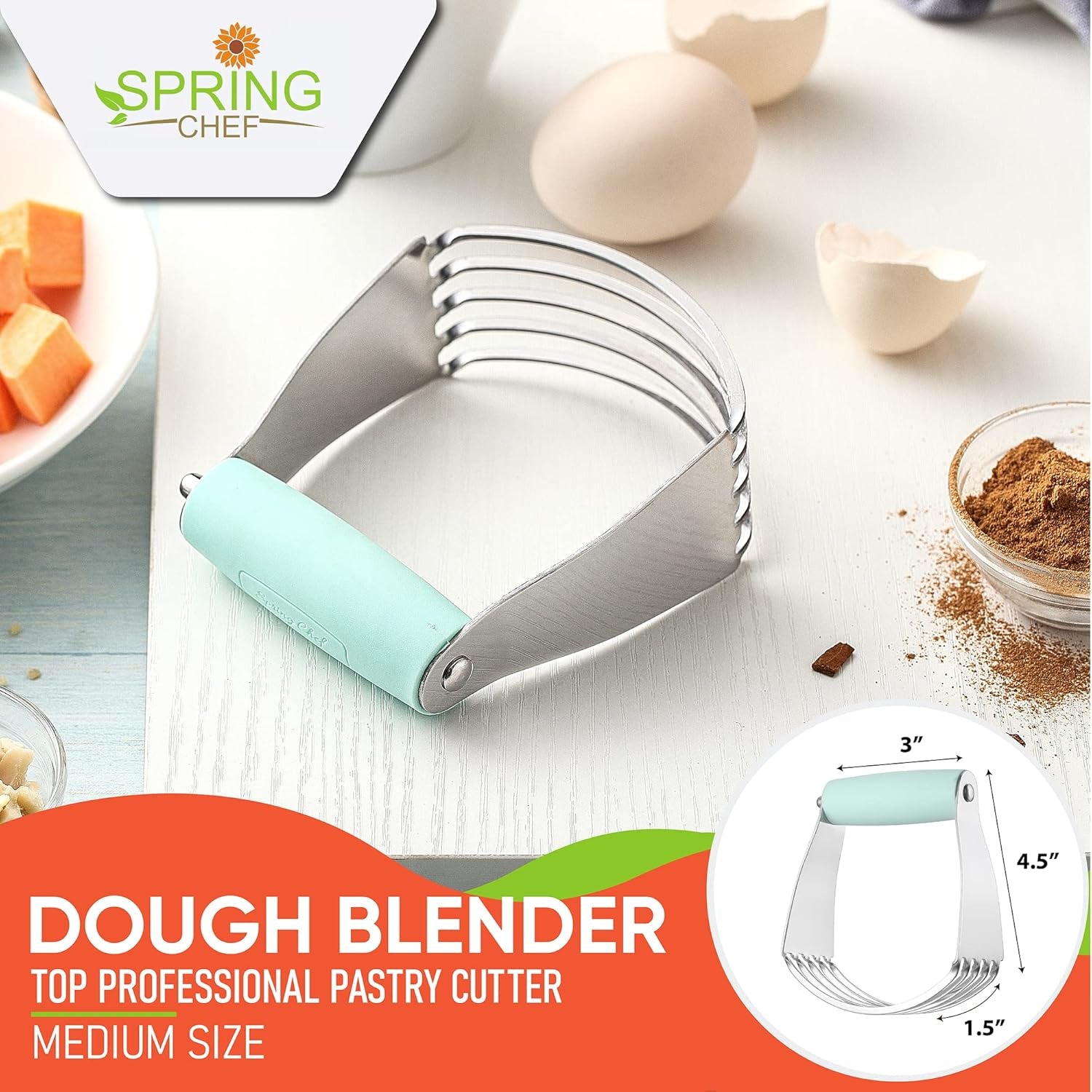 Dough Blender, Top Professional Pastry Cutter, Heavy Duty Baking Tool with Stainless Steel Blades, Medium Size, Mint
