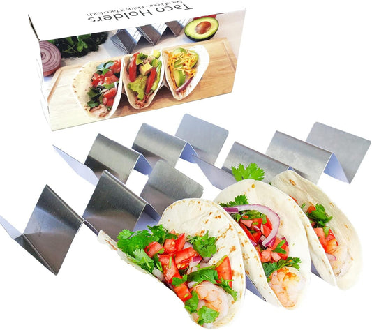 Taco Holder - Stainless Steel Taco Plates, 4 Count, Mexican Style, Holds 3 Tacos, Dishwasher, Oven and Grill Safe