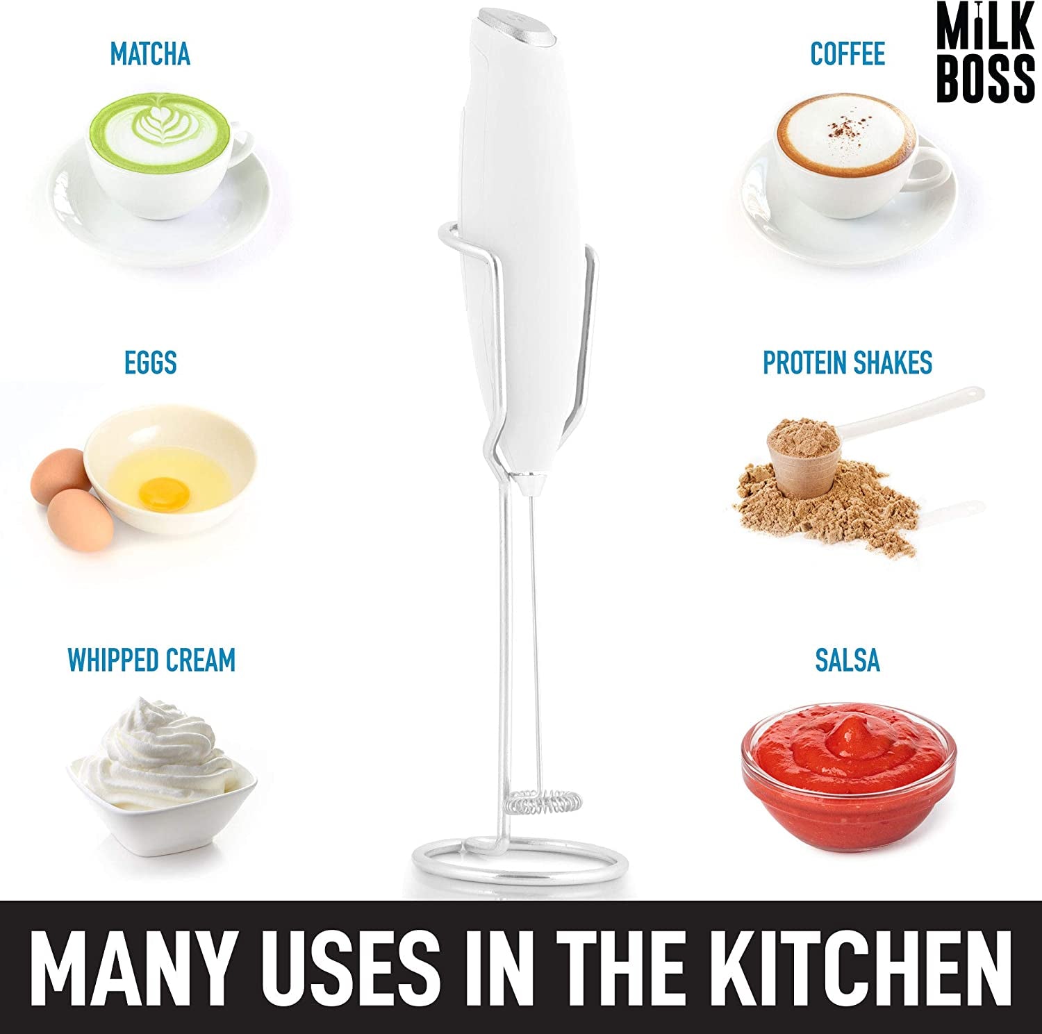 Matcha Whisk - Handheld Electric Stirrer - Frother Wand & Drink Mixer - Durable Stainless Steel - White Ultra Stand